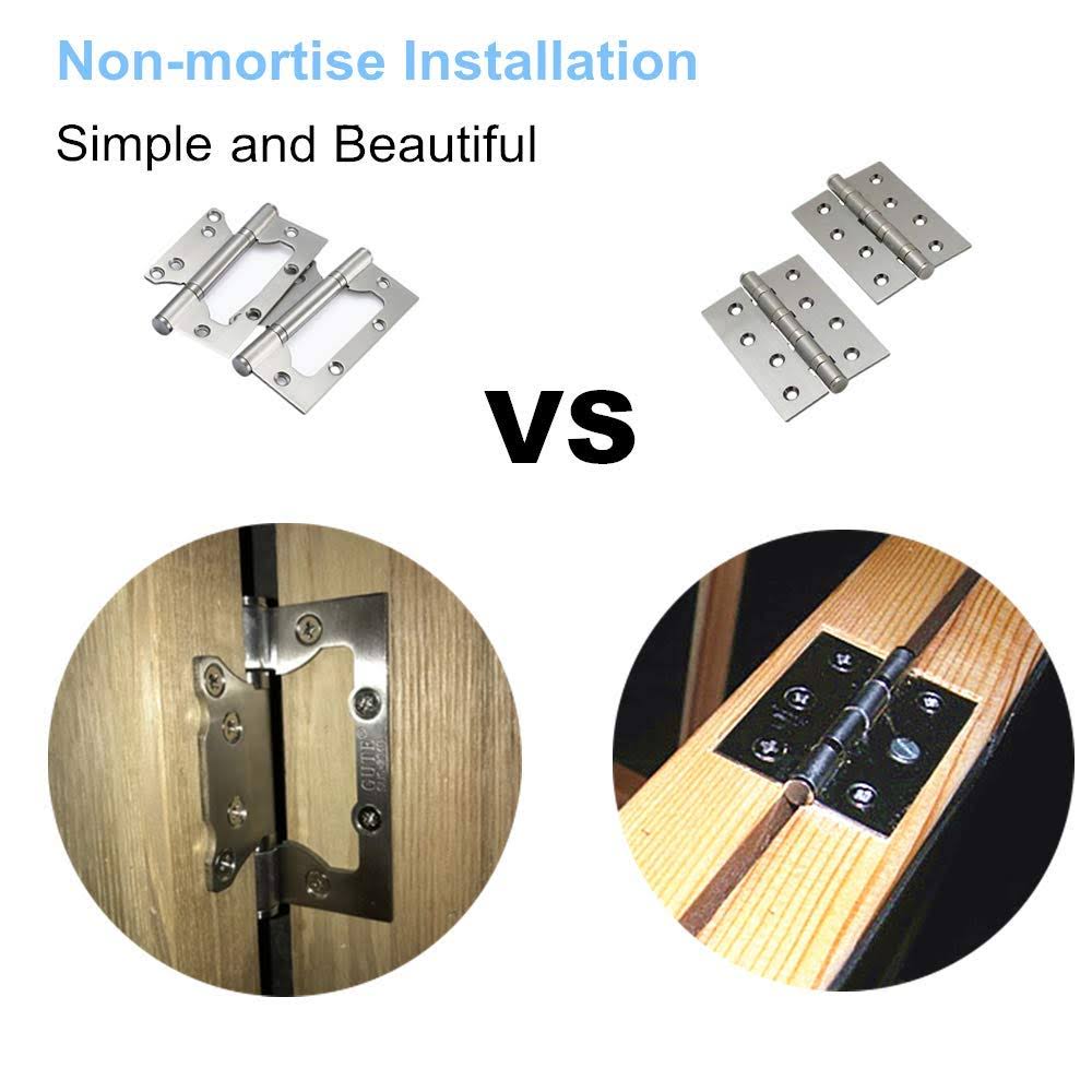 6 Pack Non-Mortise Door Hinges- Easy to Install, 4 inch 3 inch Stainless Steel Door Hinges- Smooth Movement and Heavy Duty, Silver