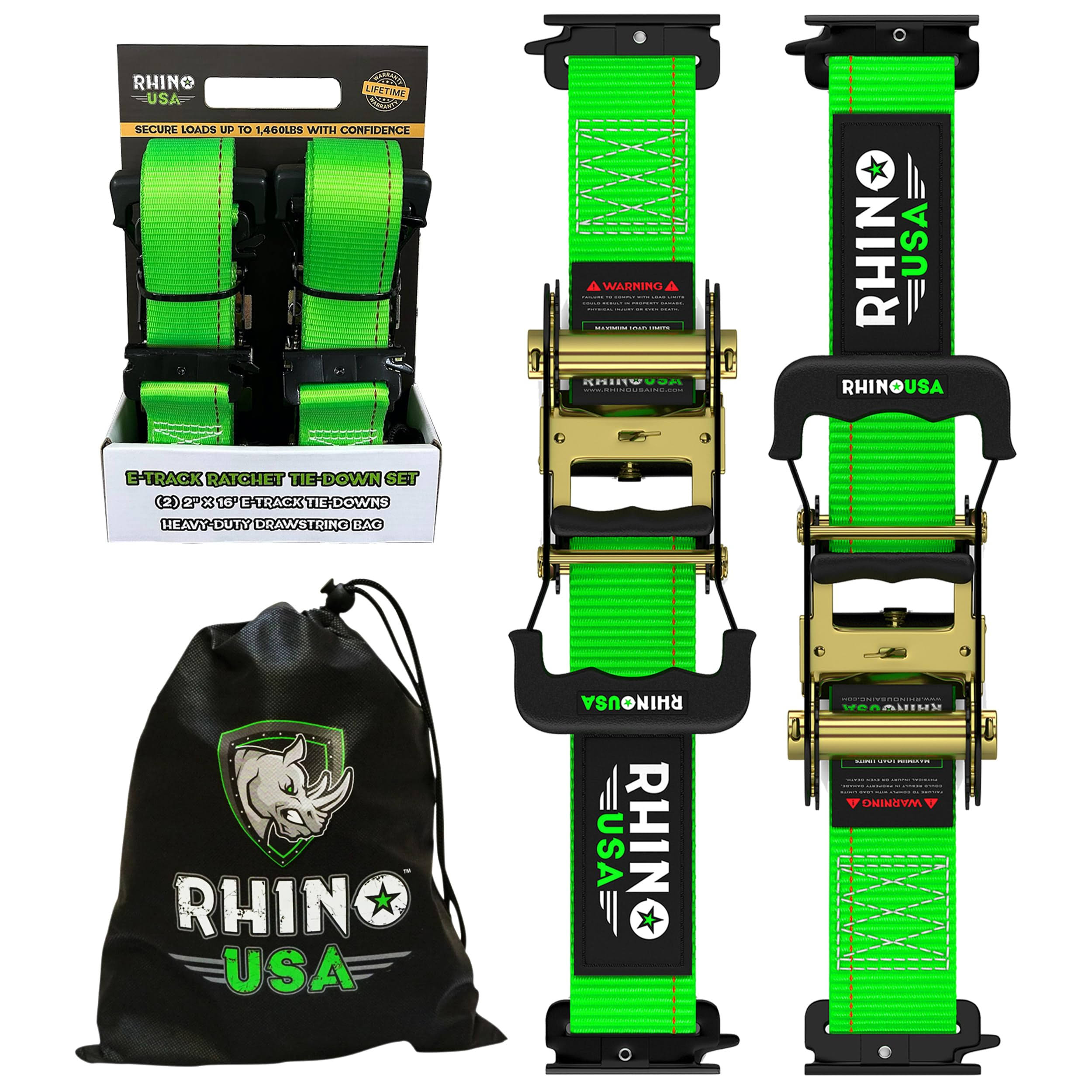 Rhino USA E Track Ratchet Tie Down Straps (4,500lb Break Strength)- Includes (2) Premium 2
