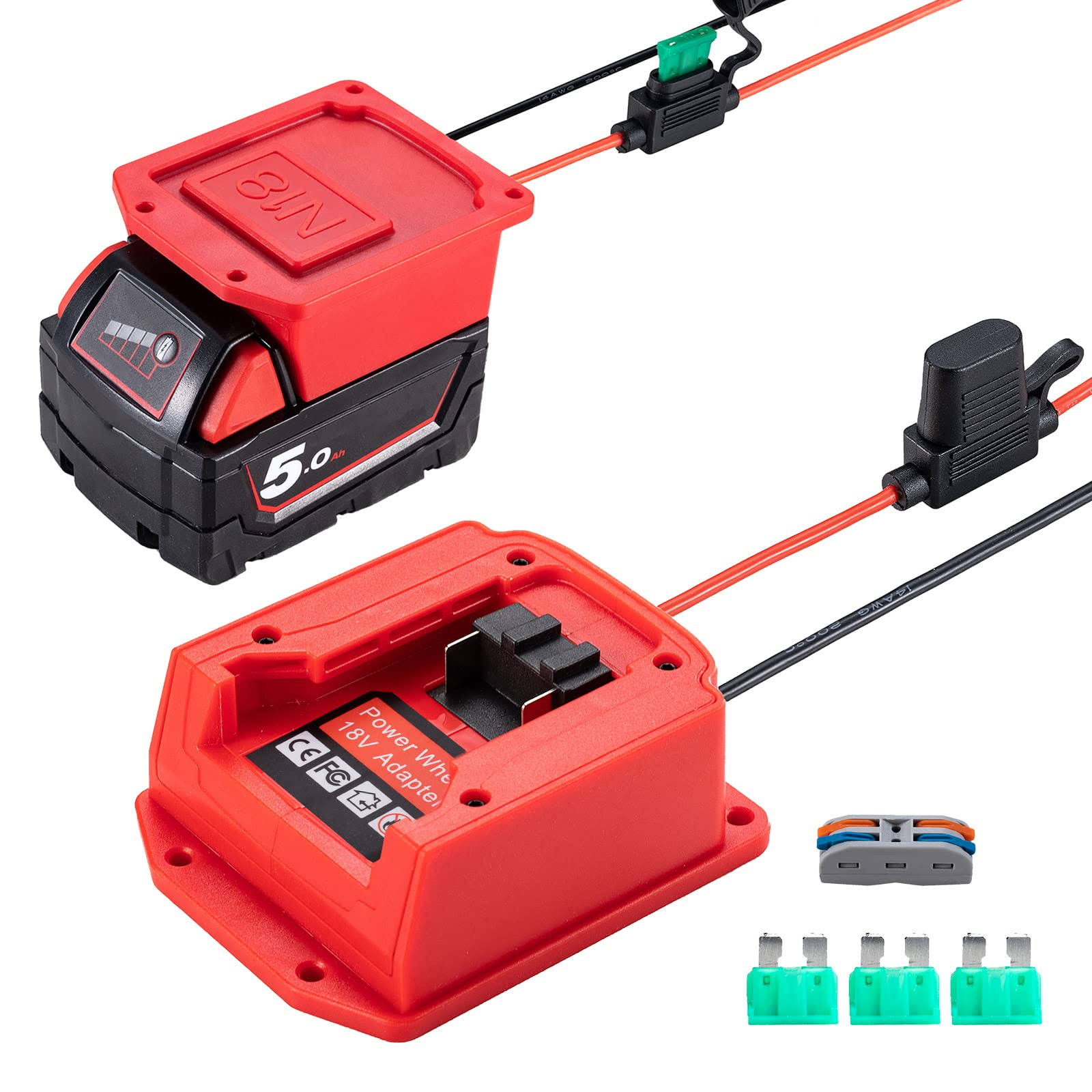 Power Wheel Adapter for Milwaukee 18V Lithium Battery Secure Battery Adapter with Fuse & Wire Terminal,14 Gauge Wire Power Convertor for DIY RC Trucks