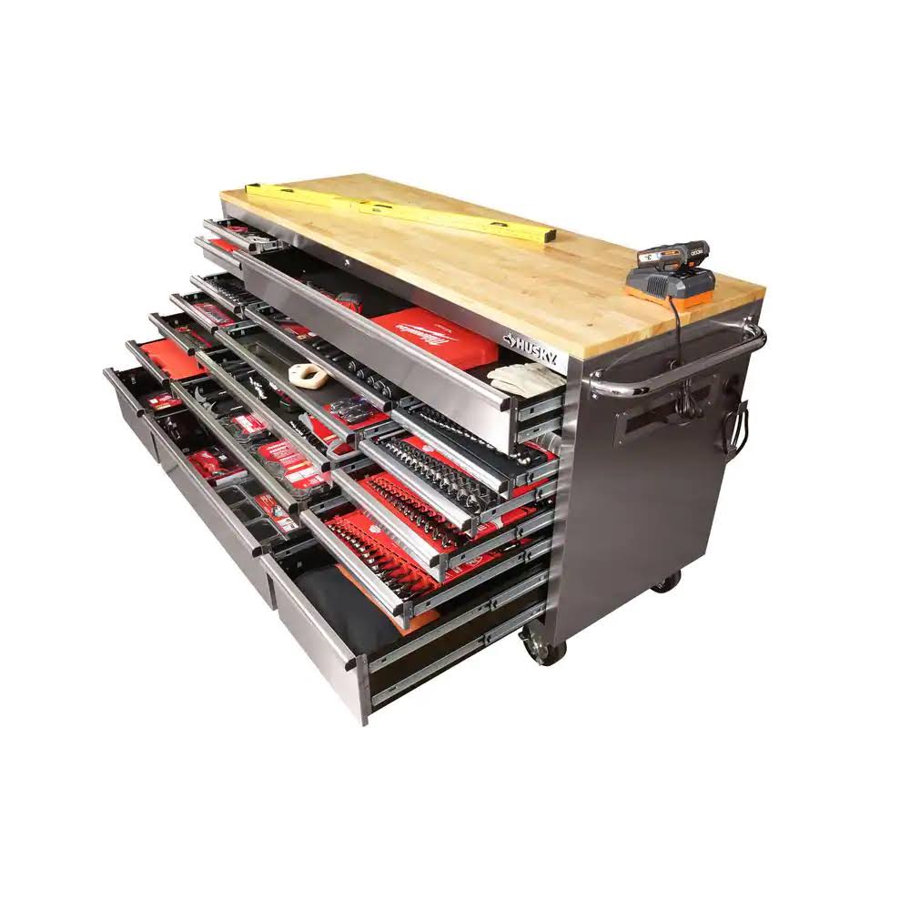 72 in. x 24 in. D Standard Duty 18-Drawer Mobile Workbench Tool Chest with Solid Wood Top in Stainless Steel