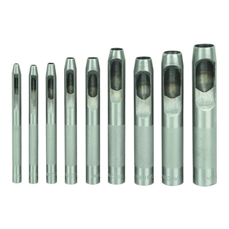 9 Piece Hollow Punch Set with Knurled Shanks, Chrome Plated, Storage Pouch; Size