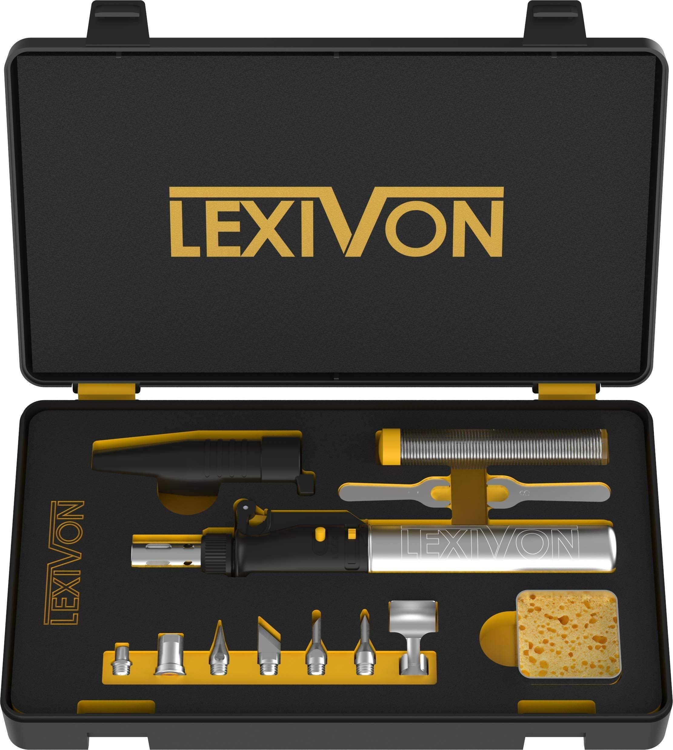 LEXIVON Butane Soldering Iron Multi-Purpose Kit Cordless Self-Igniting Adjustable Flame 7-Tip Set Pro-Grade (LX-770)