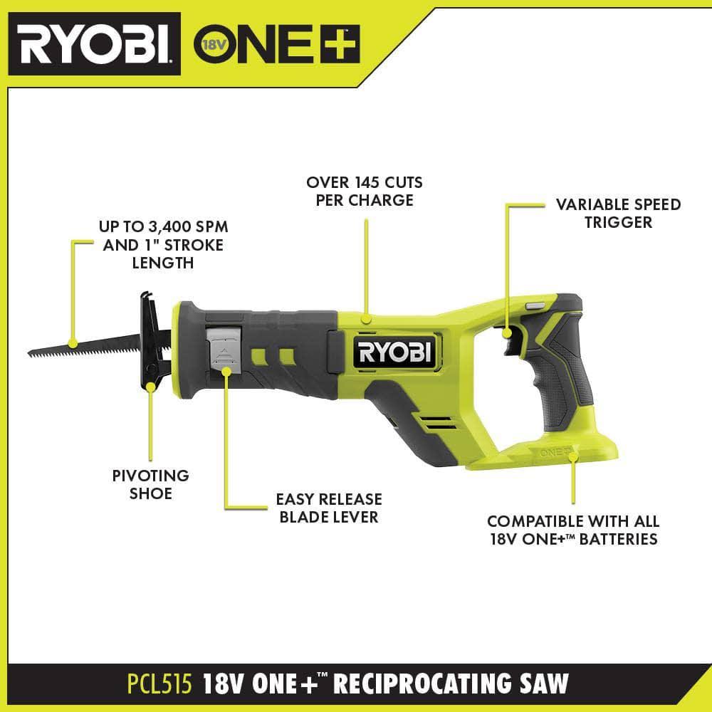 Ryobi PCL515K1 One+ 18V Cordless Reciprocating Saw Kit with 4.0 Ah Battery and Charger