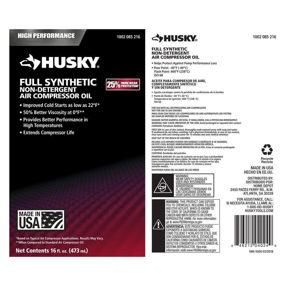 Husky 0180083H 16 oz. 100% Full Synthetic Compressor Oil