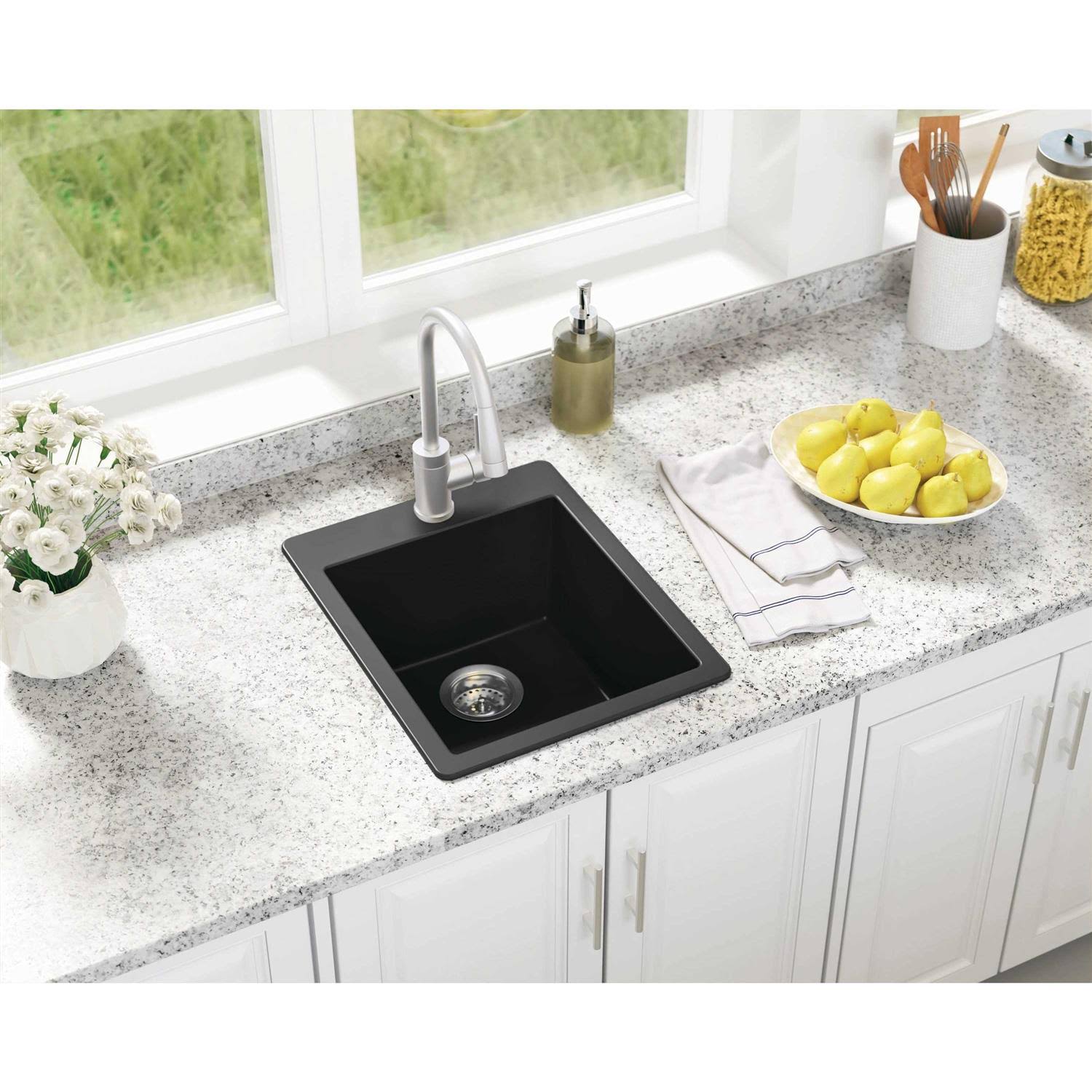 Allen + Roth DeForest Collection Dual-Mount 16-in x 20-in Nero Granite Single Bowl 3-Hole Kitchen Sink in Black | SIGN100XSDM13