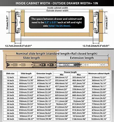 Yenuo, Heavy Duty Drawer Slide, Full Extension, 20-40 Inches, 150 lbs 1 Pairs (14 inch 350mm ), Silver
