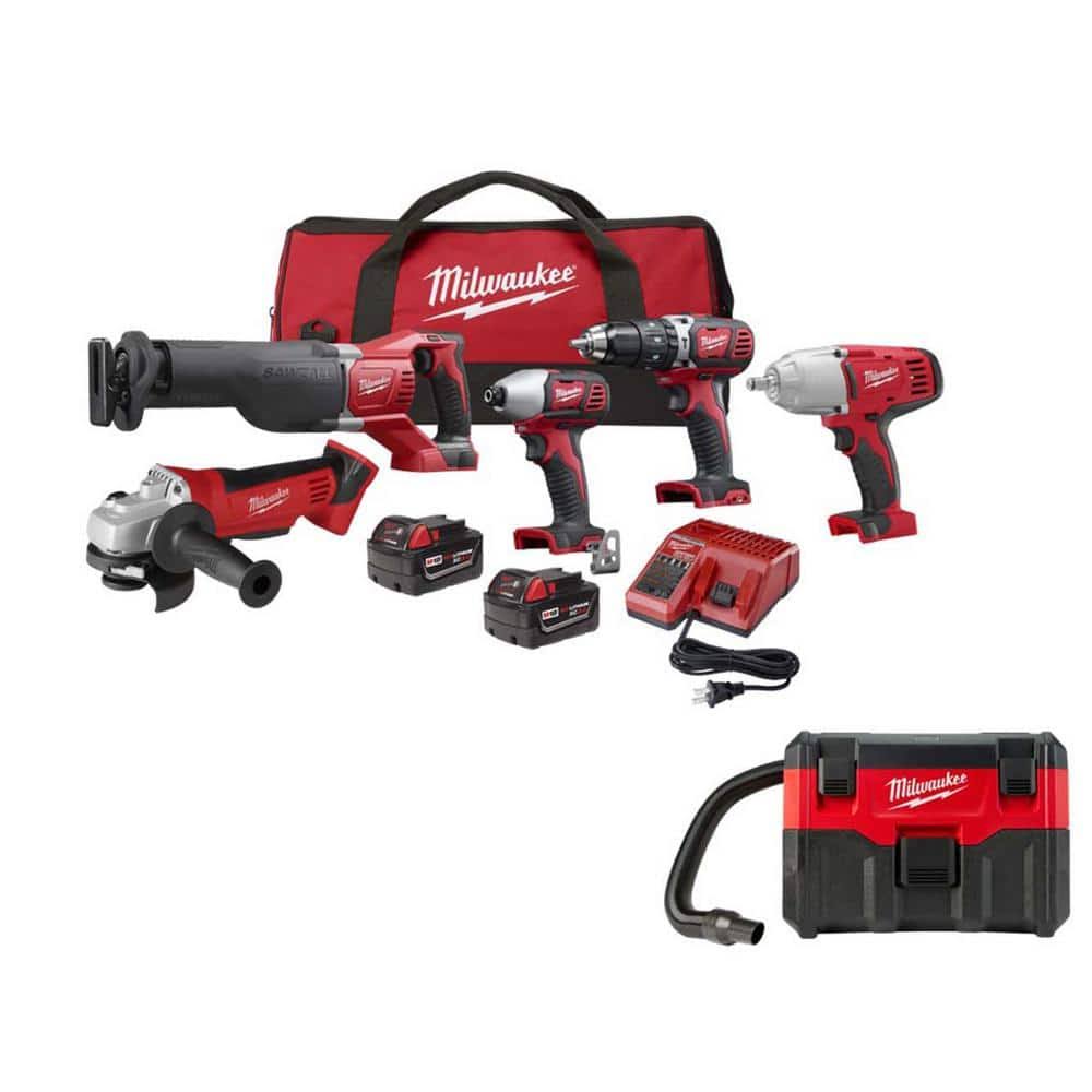 Milwaukee M18 18-Volt Lithium-Ion Cordless Tool Combo Kit with (2) 3.0Ah Batteries, Charger and Bag with M18 2 gal. Wet/Dry Vacuum