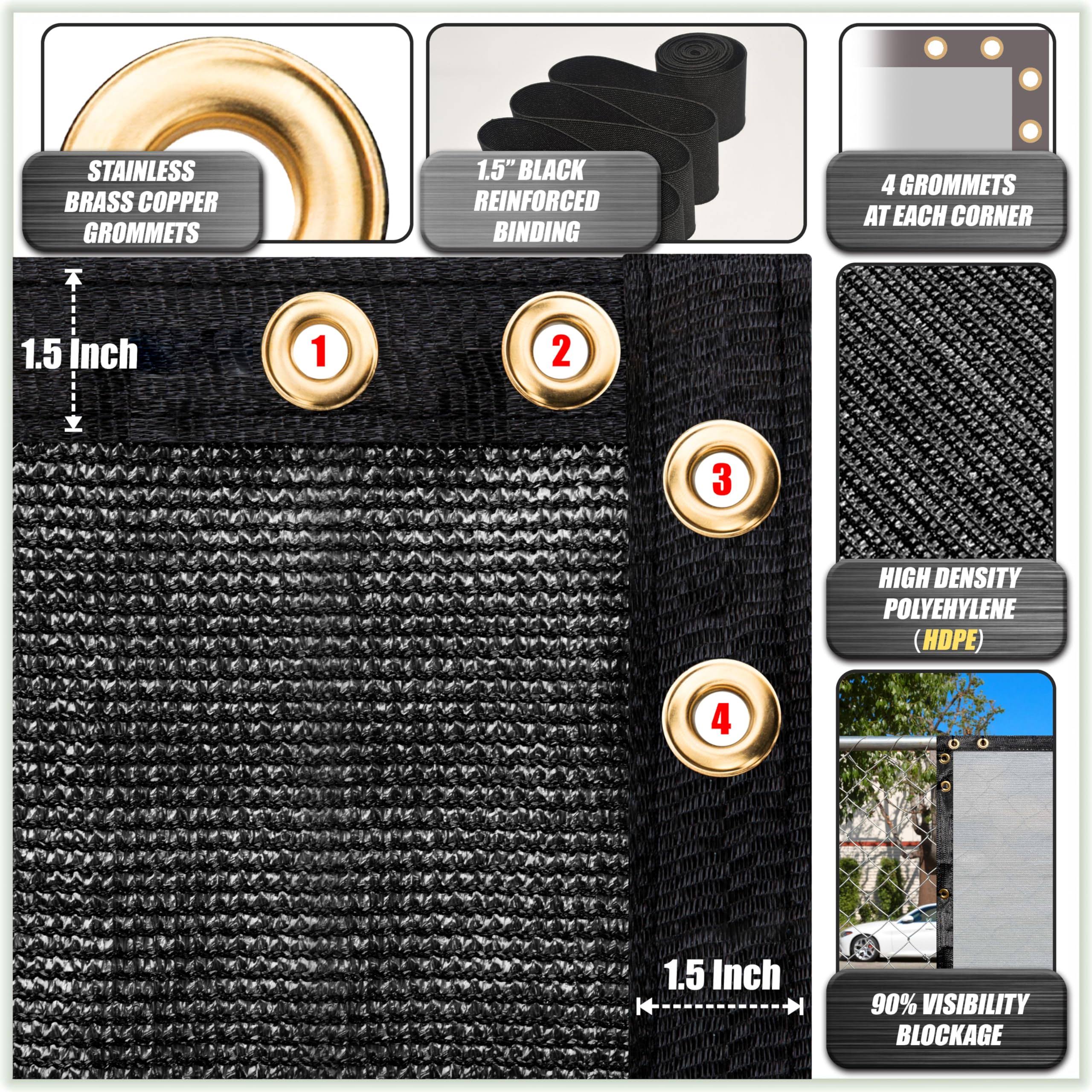 ColourTree 8' x 50' Fence Privacy Screen Windscreen Cover Fabric Shade Tarp Netting Mesh Cloth Black- Commercial Grade 170 GSM