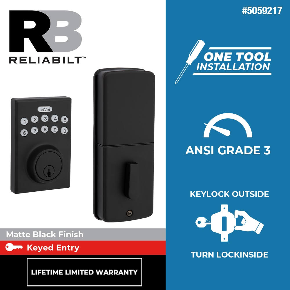 ReliaBilt Bragg Matte Black Single Cylinder Electronic Deadbolt Lighted Keypad | 92640-027