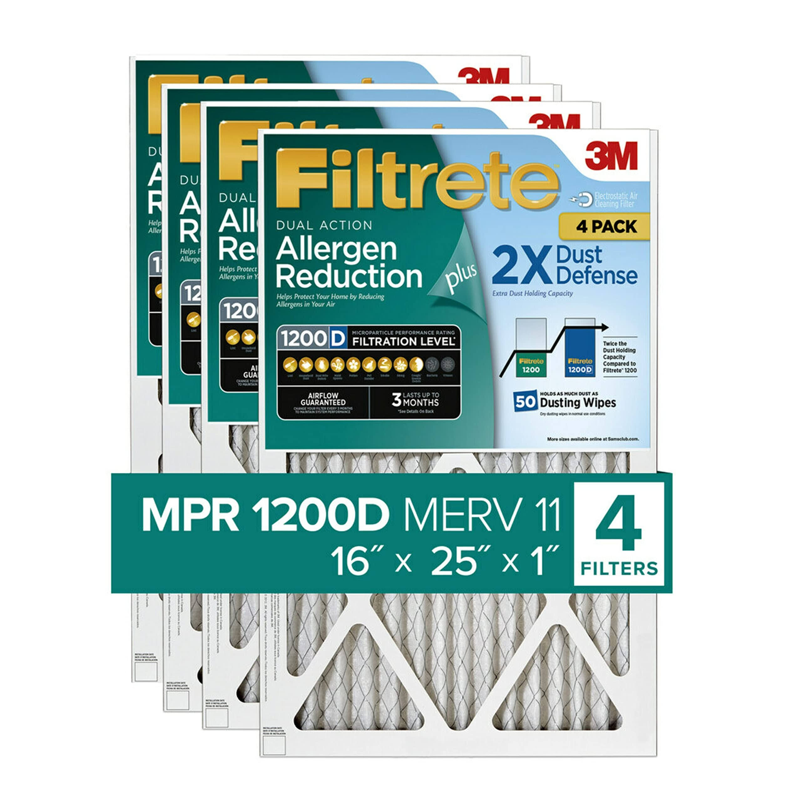 Filtrete 16x25x1 Air Filter MPR 1200D MERV 11, Allergen Reduction Plus Dust, 4-Pack Filters (Exact Dimensions 15.69x19.69x0.81)