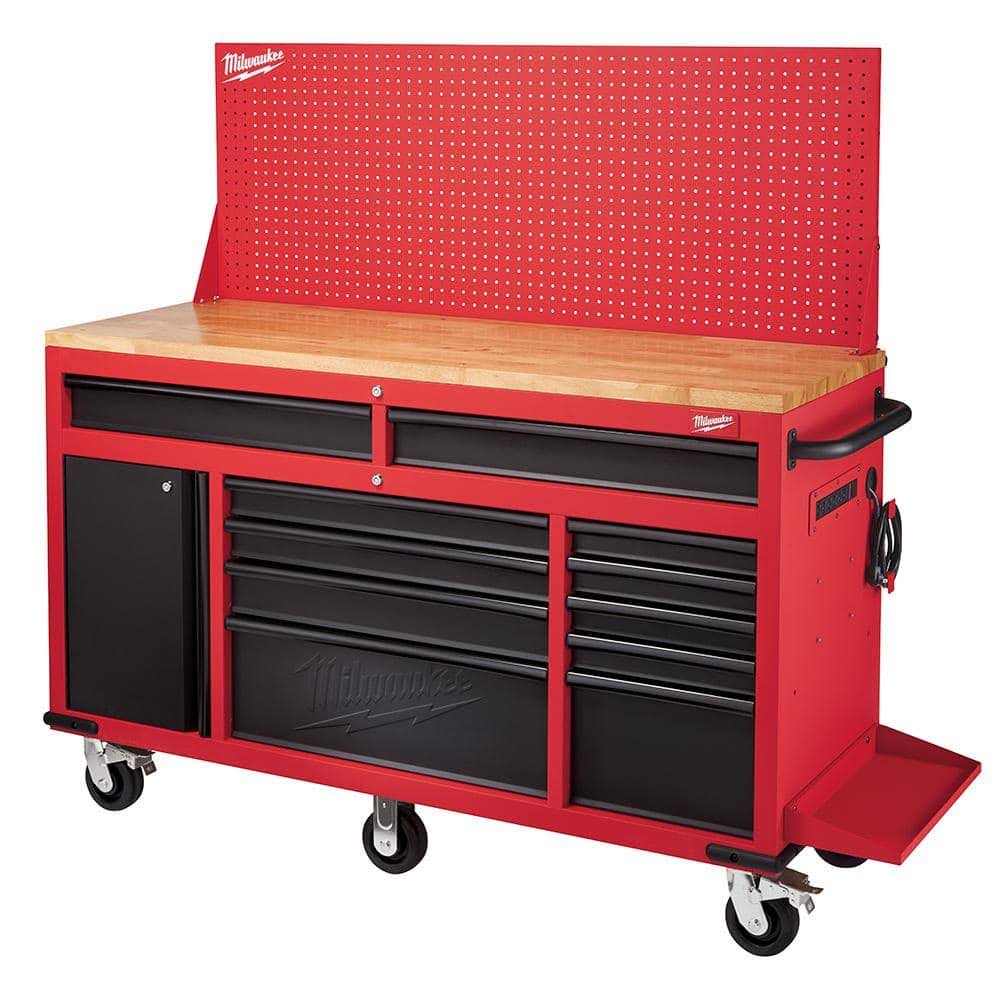 Milwaukee 61 in. 11-Drawer/1-Door 22 in. D Mobile Workbench with Sliding Pegboard Back Wall in Red/Black MWTC6111BC1M