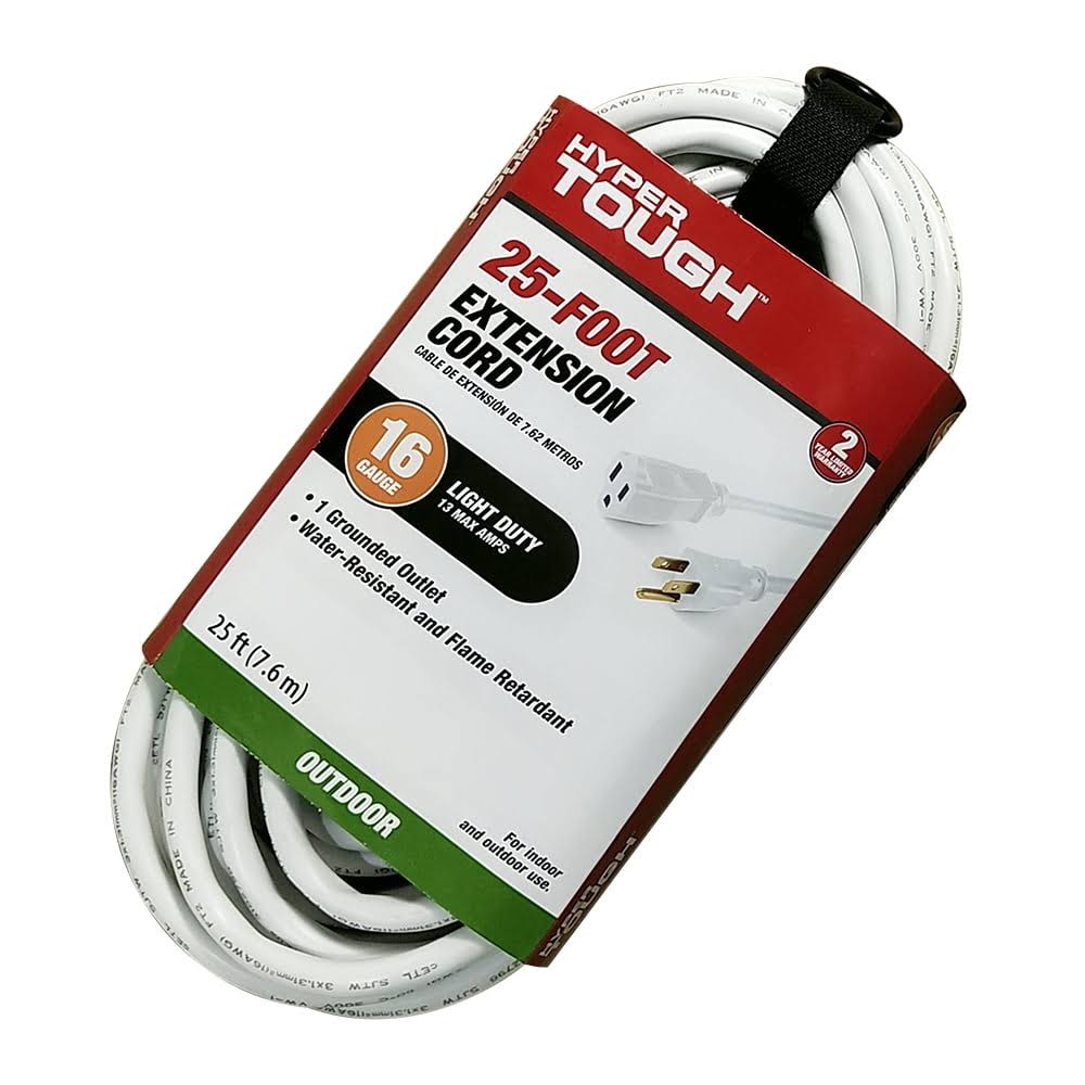 Hyper Tough 25ft 16AWG 3 Prong White Single Outlet Outdoor Extension Cord