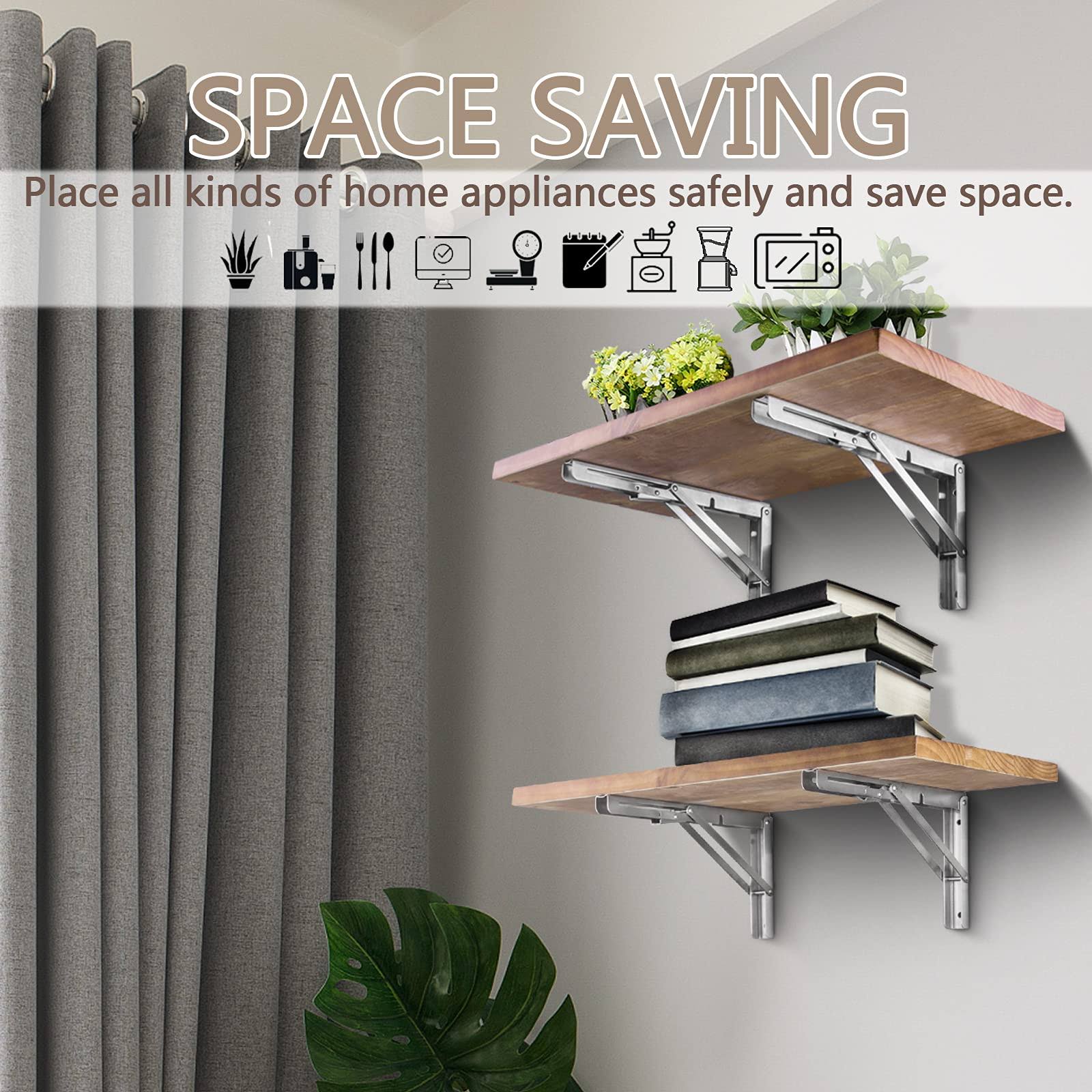 Folding Shelf Brackets 16 inch, Pynsseu Heavy Duty Stainless Steel Collapsible Wall Mounted Shelf Bracket for DIY Table Work Bench, Space Saving DIY