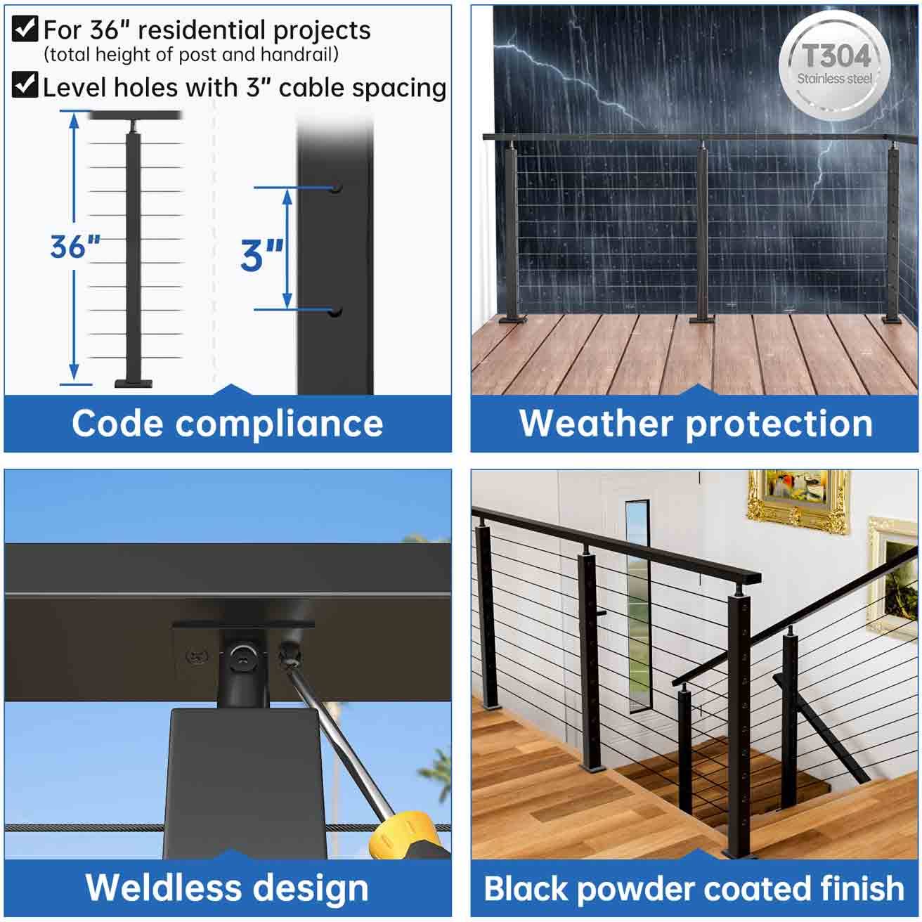 Muzata 4Pack Level Drilled Cable Railing Post 36