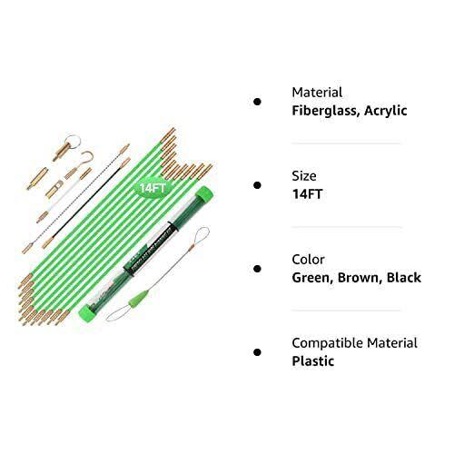 14ft Fiberglass Running Electrical Wire Cable Glow Rods Wire Pulling, Fish Rods Electrical Kit with 8 Different Attachments and Fish Tape Wire