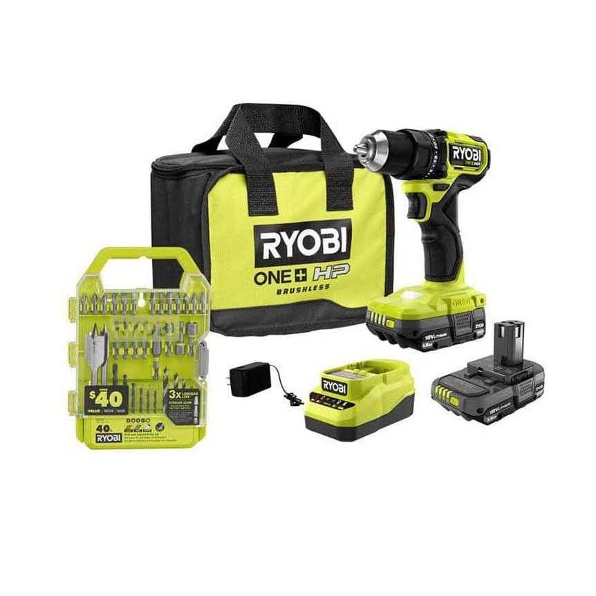 Ryobi One+ HP 18V Brushless Cordless Compact 1/2 in. Drill/Driver Kit with (2) 1.5 Ah Batteries, Charger, Bag, and 40pc Bit Set