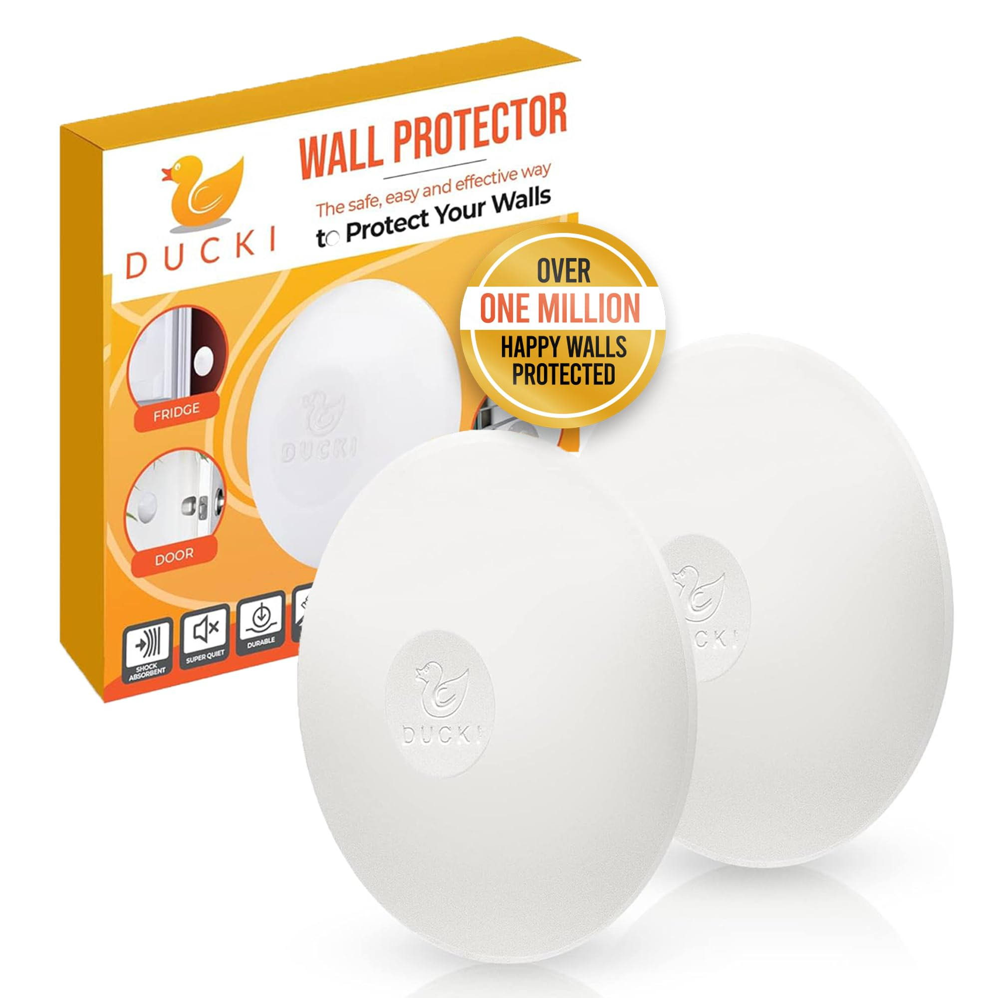 Ducki Wall Protectors- 2 Pack White- Self Adhesive, Reusable Solution for Stopping Wall Damage & Noise from Doors, Refrigerators & More in Your