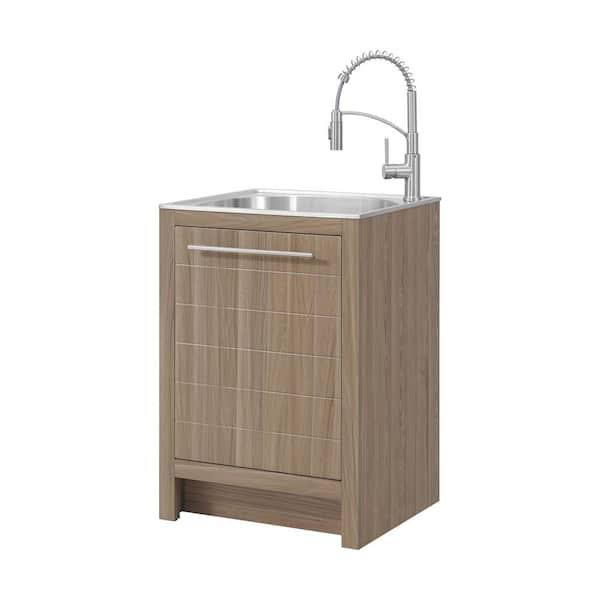Glacier Bay All-in-One Stainless Steel 24 in Laundry Sink with Faucet and Storage Cabinet in Sandy Ash