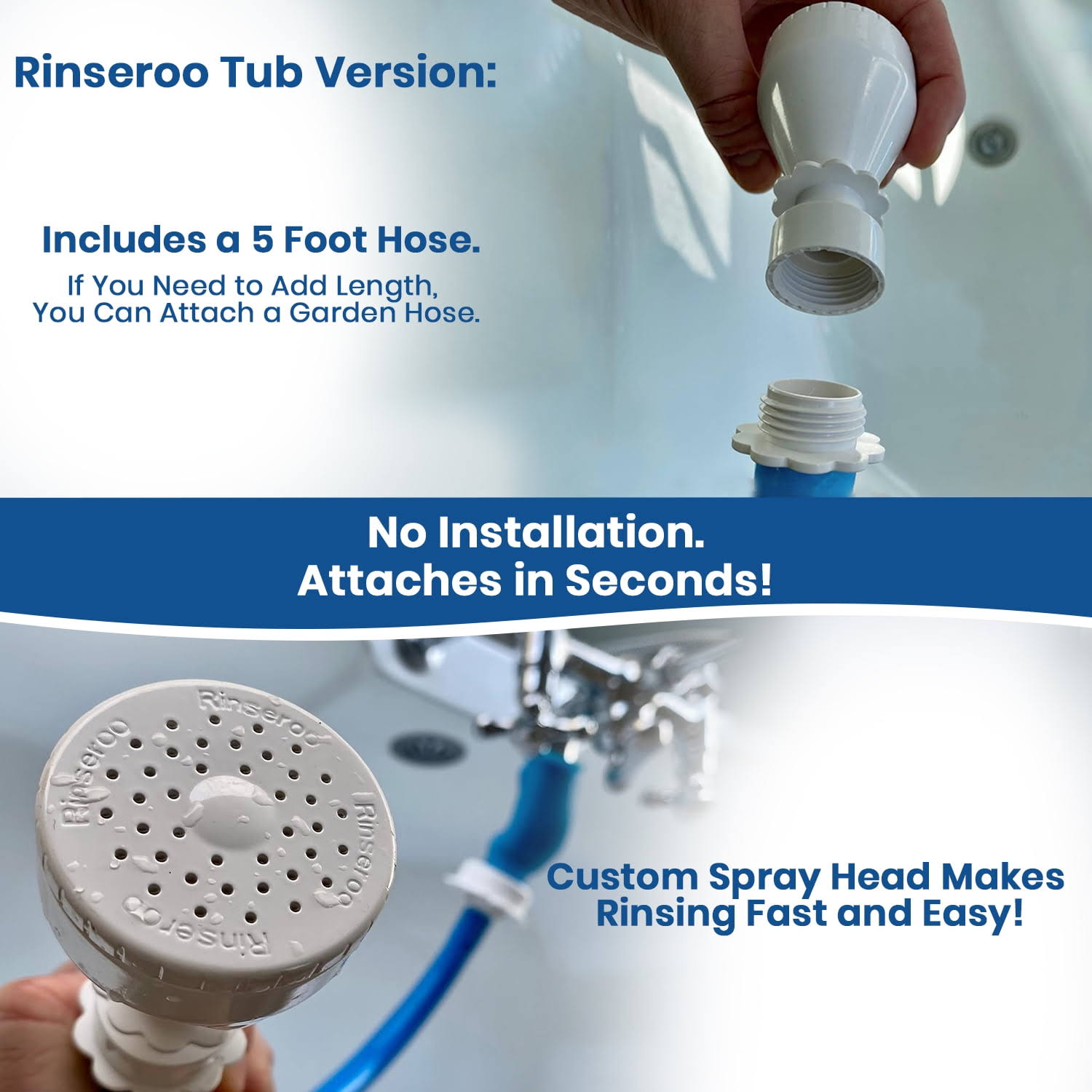 Rinseroo Bathtub Faucet Sprayer ATTACHMENT. Slip-On Dog Shower Hose Adapter. No-Install Pet Showerhead Attaches to Tub Spout 5 Foot Hose 727574
