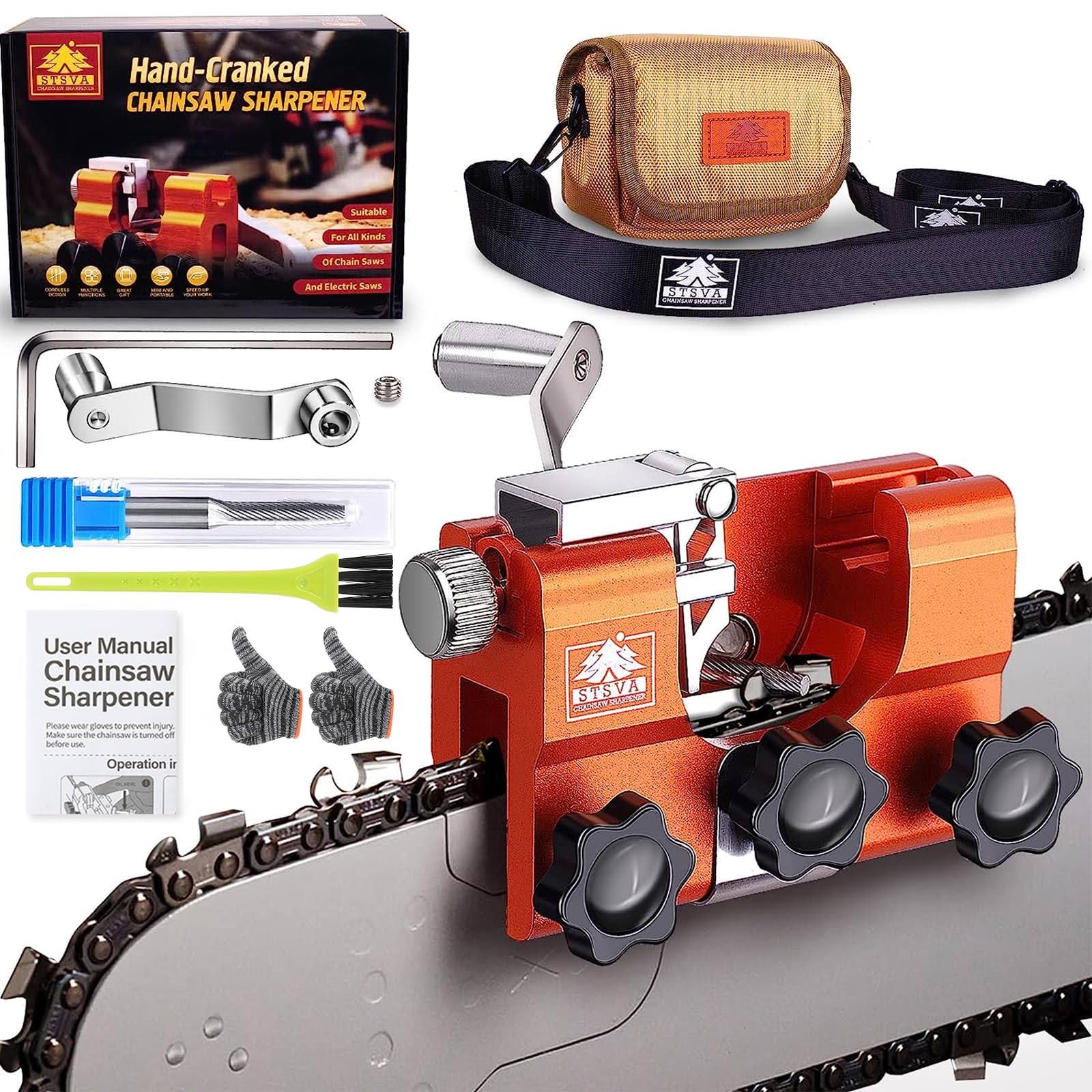 STSVA Chainsaw Sharpener Hand-cranked Chainsaw Sharpening Jig Kit with Multifunctional Tool Bag and Tungsten Carbide Burr File Suitable for All Kinds