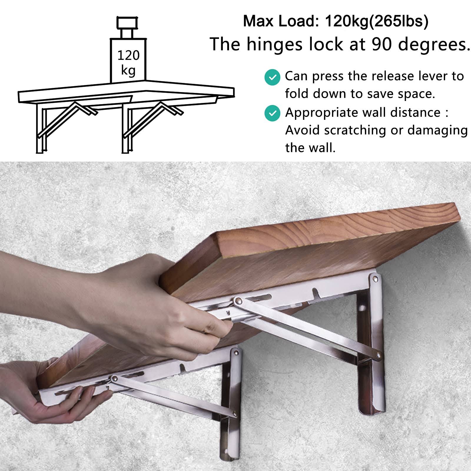 Folding Shelf Brackets 12 inch, Pynsseu Heavy Duty Stainless Steel Collapsible Wall Mounted Shelf Bracket for DIY Table Work Bench, Space Saving DIY