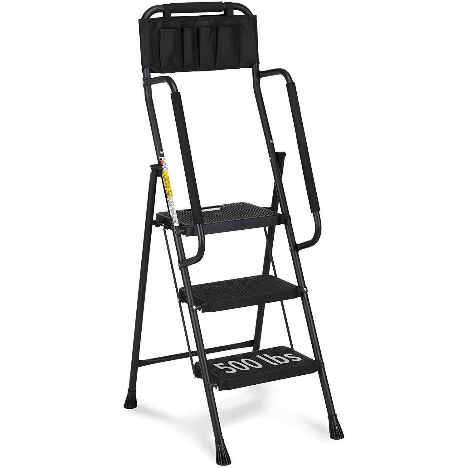 HBTower 3 Step Ladder with Handrails, Folding Step Stool with Attachable Tool Bag & Anti-Slip Wide Pedal for Home Kitchen Pantry
