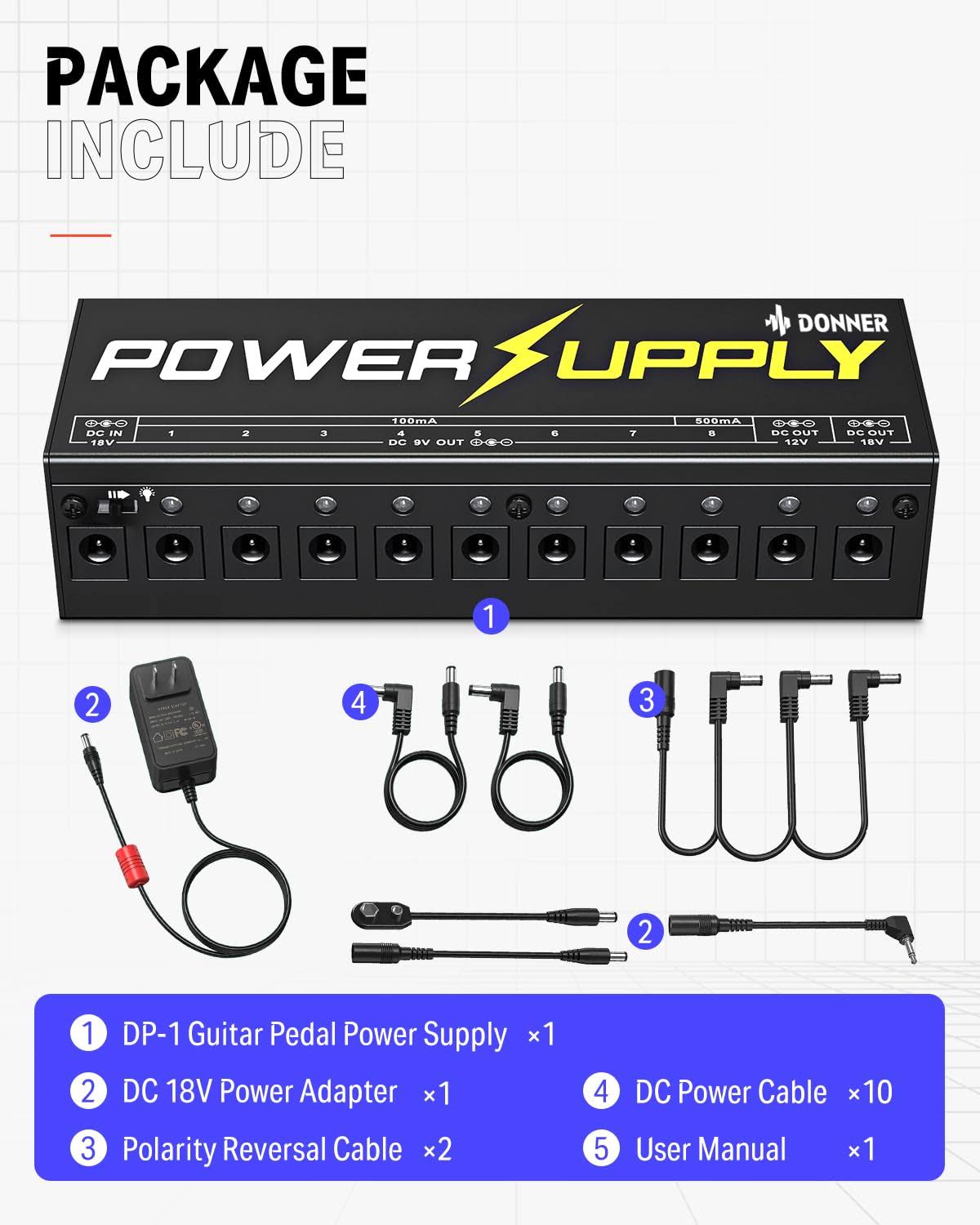 Donner DP-1 Guitar Pedal Power Supply 10 Isolated DC Output for 9V/12V/18V Effect Pedal