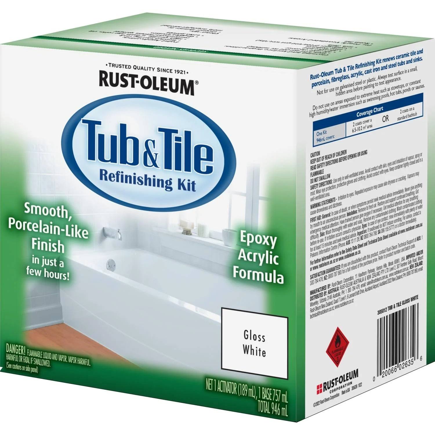 Rust-Oleum 384165 Tub and Tile Refinishing 2-Part Kit, Gloss White,White