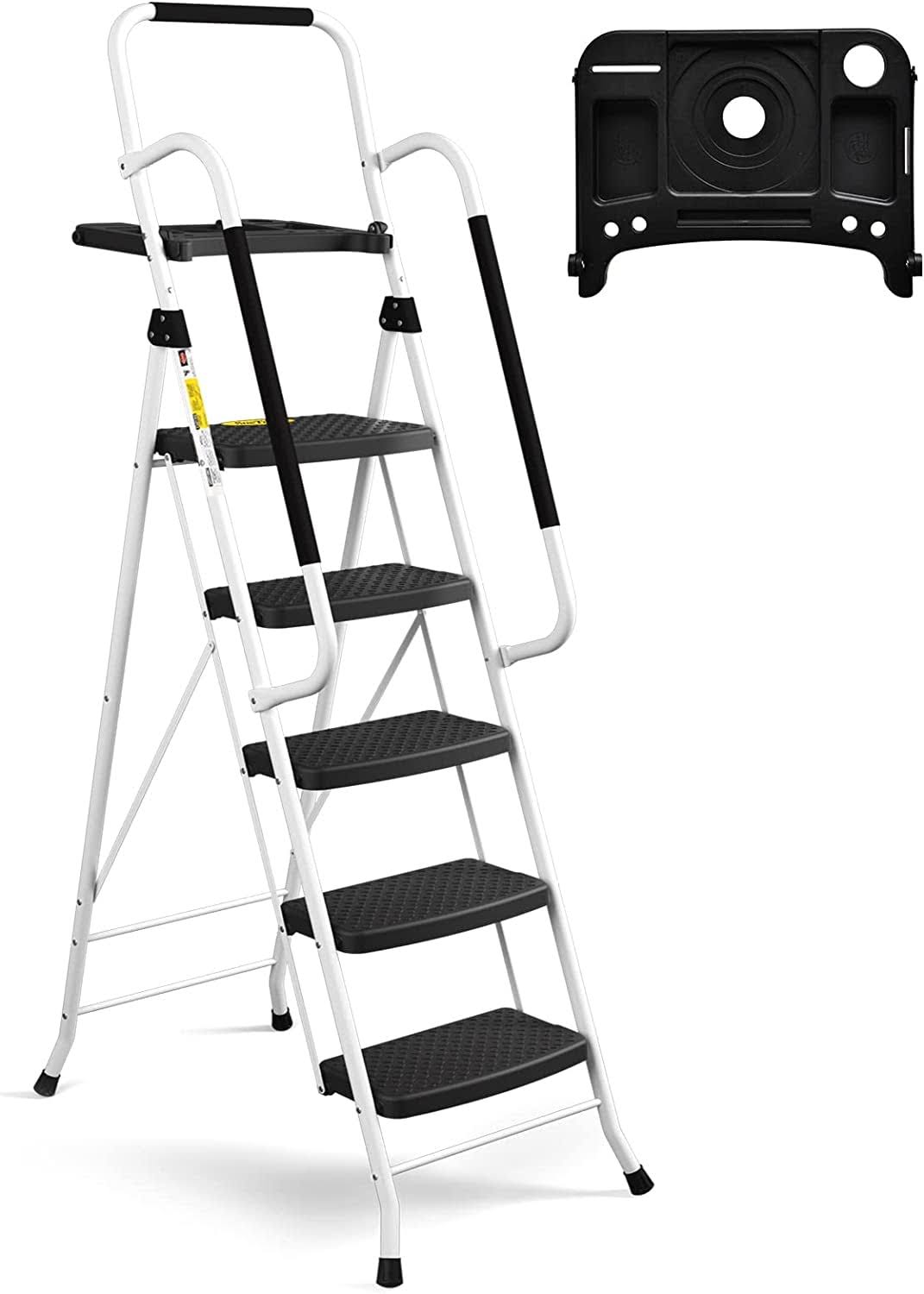 HBTower Folding 5-Step Ladder, 330lbs, with Handrails and Tool Tray An