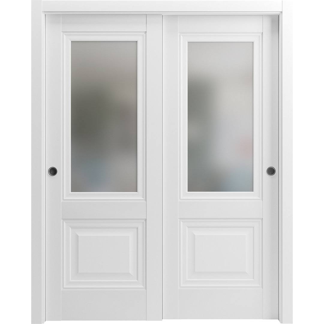 SARTODOORS Sturdy Double Barn Door with Frosted Glass | Sete 6933 Nordic White | 13ft Rail Hangers Heavy Set | Solid Panel Interior Doors-60