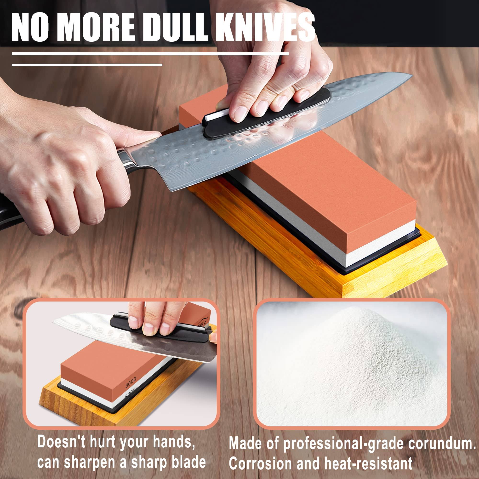 Knife Sharpening Stone Set HMPLL Whetstone Knife Sharpener Stone Set 4 Side Grit 400/1000 3000/8000 Professional Include Non-Slip Bamboo Base Leather