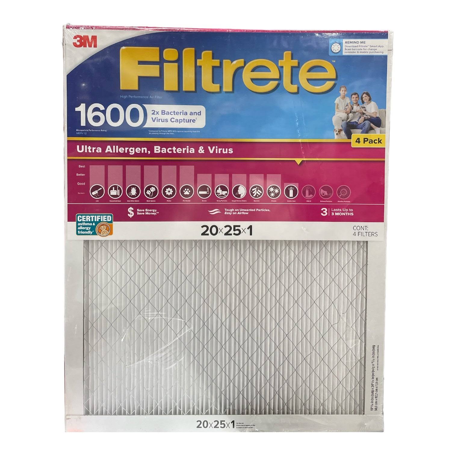 Filtrete Ultra Allergen 2x Filter 20x25x1 1600mpr 4 Pack