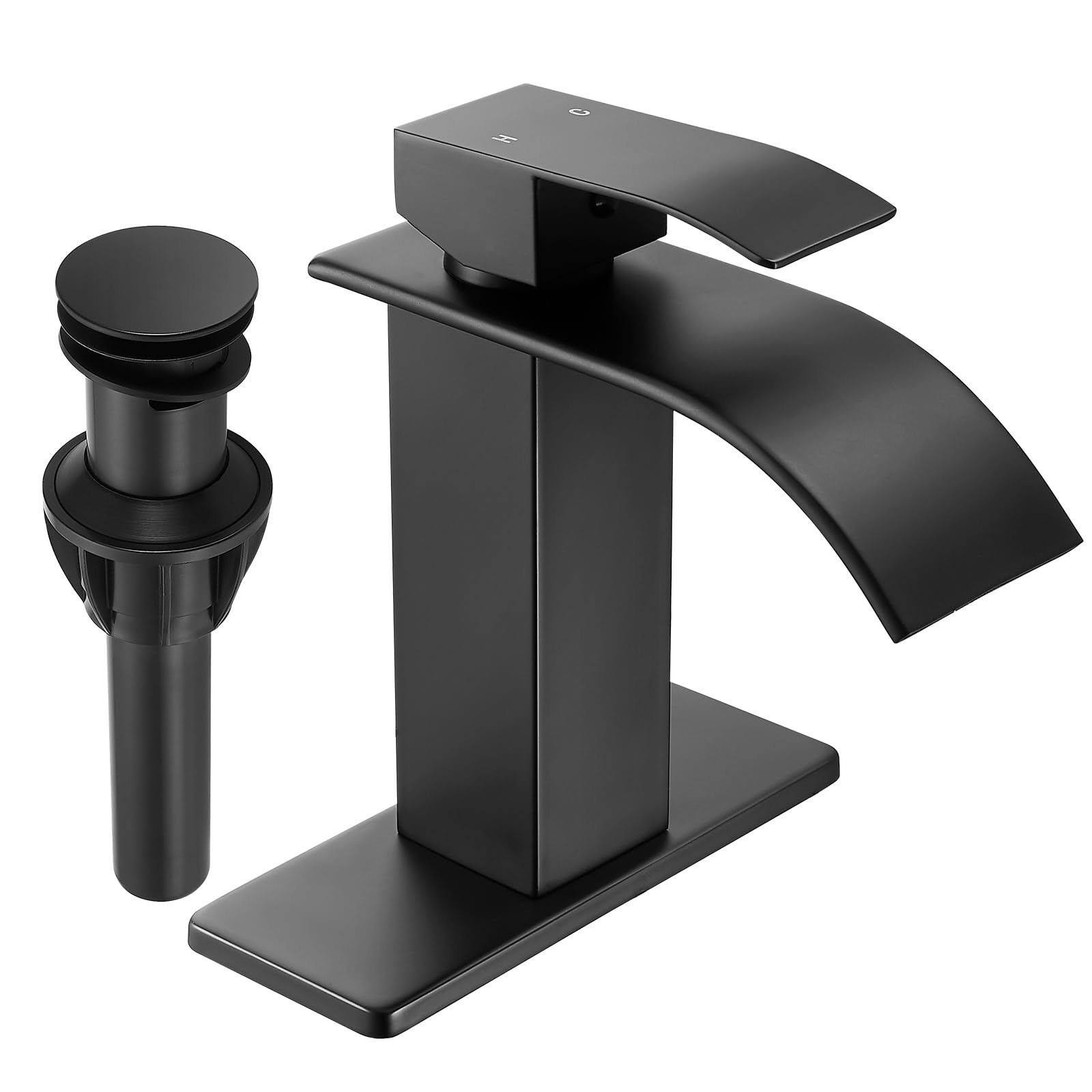 FRANSITON Black Waterfall Bathroom Faucet Lavatory Single Handle 1 or 3 Hole Bathroom Sink Faucet Washbasin Faucet with Deck and Pop-Up Drain
