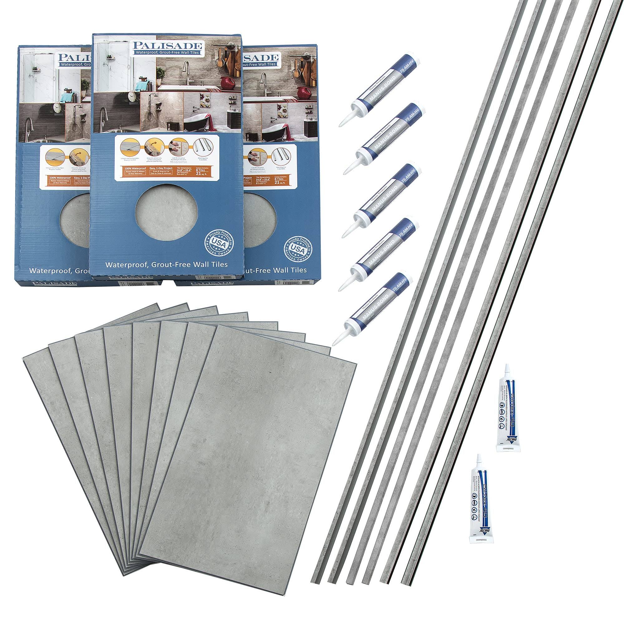 Palisade 25.6 in. x 14.8 in. Interlocking Vinyl Tile Shower and Tub Surround Kit in Frost Nickel