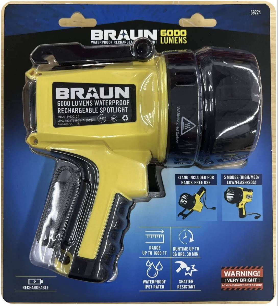 Braun 6000 Lumen Rechargeable Waterproof LED Spotlight, Yellow