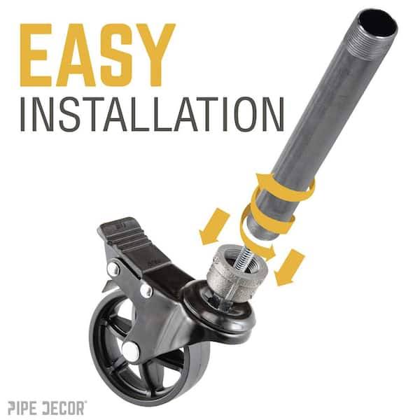 Pipe Decor 3/4 in. Black Malleable Iron Cap Fitting with 3 in. Caster Wheel for Pipe Furniture (4-Pack)