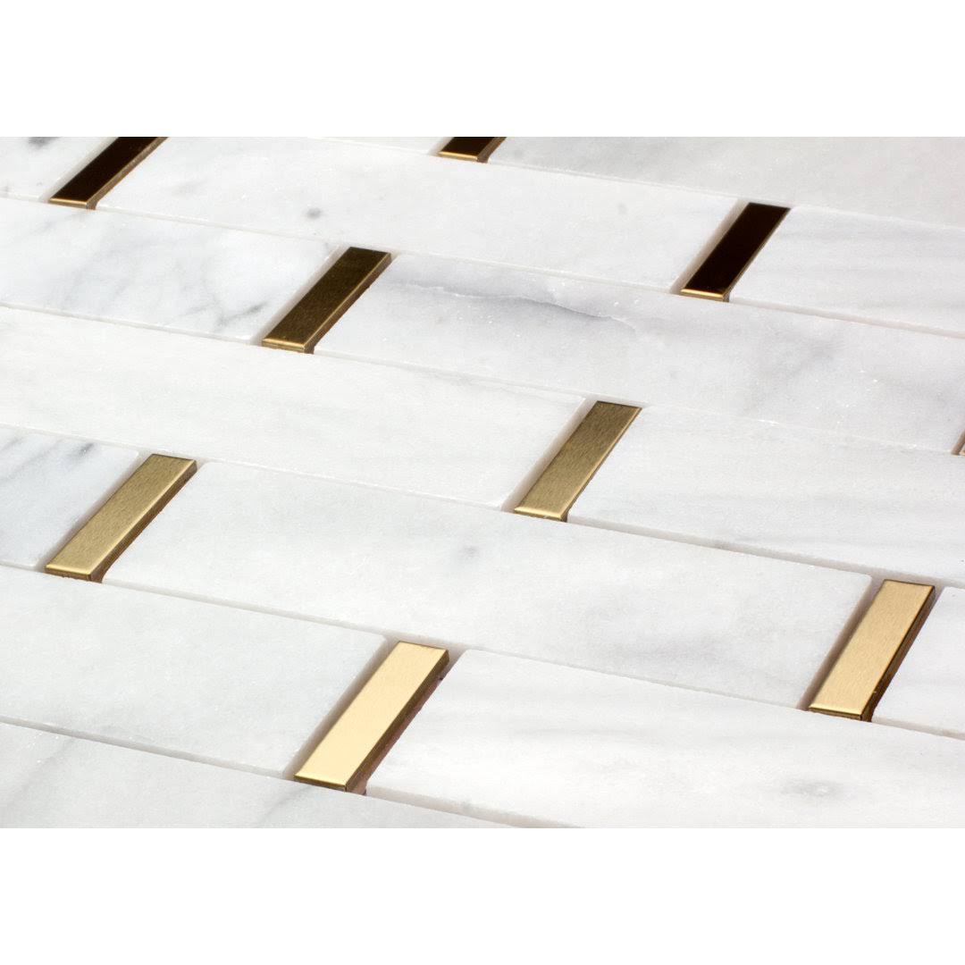 Giorbello White Marble and Gold Steel Trim Subway Mosaic Tile 11