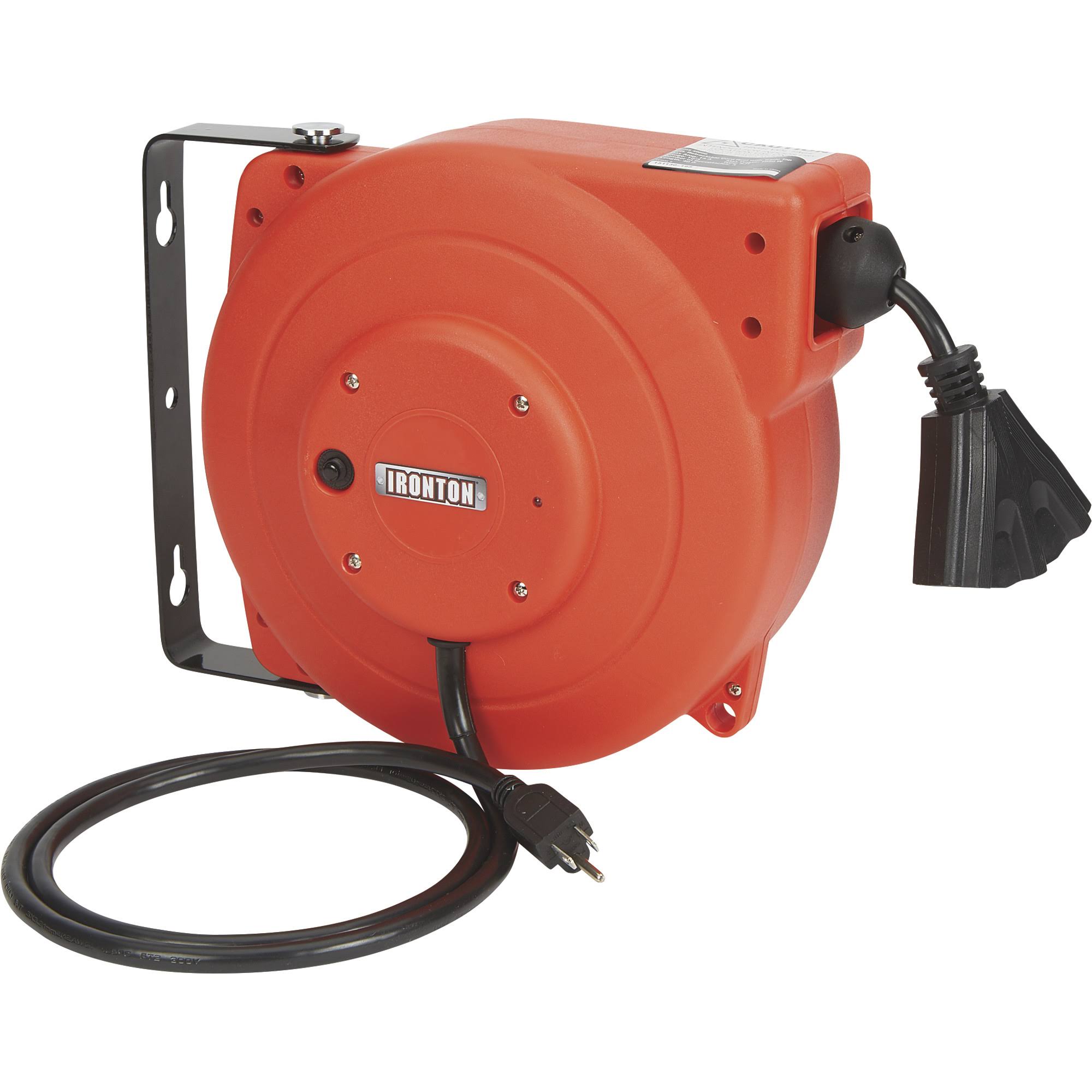 Ironton Retractable Extension Cord Reel- 40ft. 12/3 Triple Tap