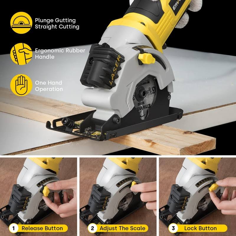 Mini Circular Saw Enventor 48A Electric Circular Saw Corded with Laser Guide 4000RPM 3 Saw Blades 3-3/8' Max Cutting Depth 1-1/16' Compact Hand Saw Fo
