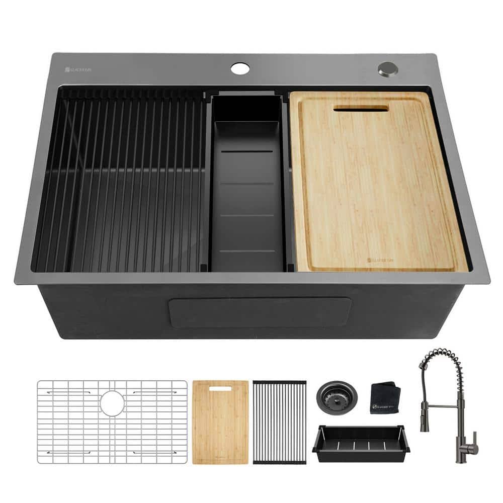 Glacier Bay 30 in. Gunmetal Black Stainless Steel Single Bowl Dual Mount Workstation Kitchen Sink with Black Spring Neck Faucet