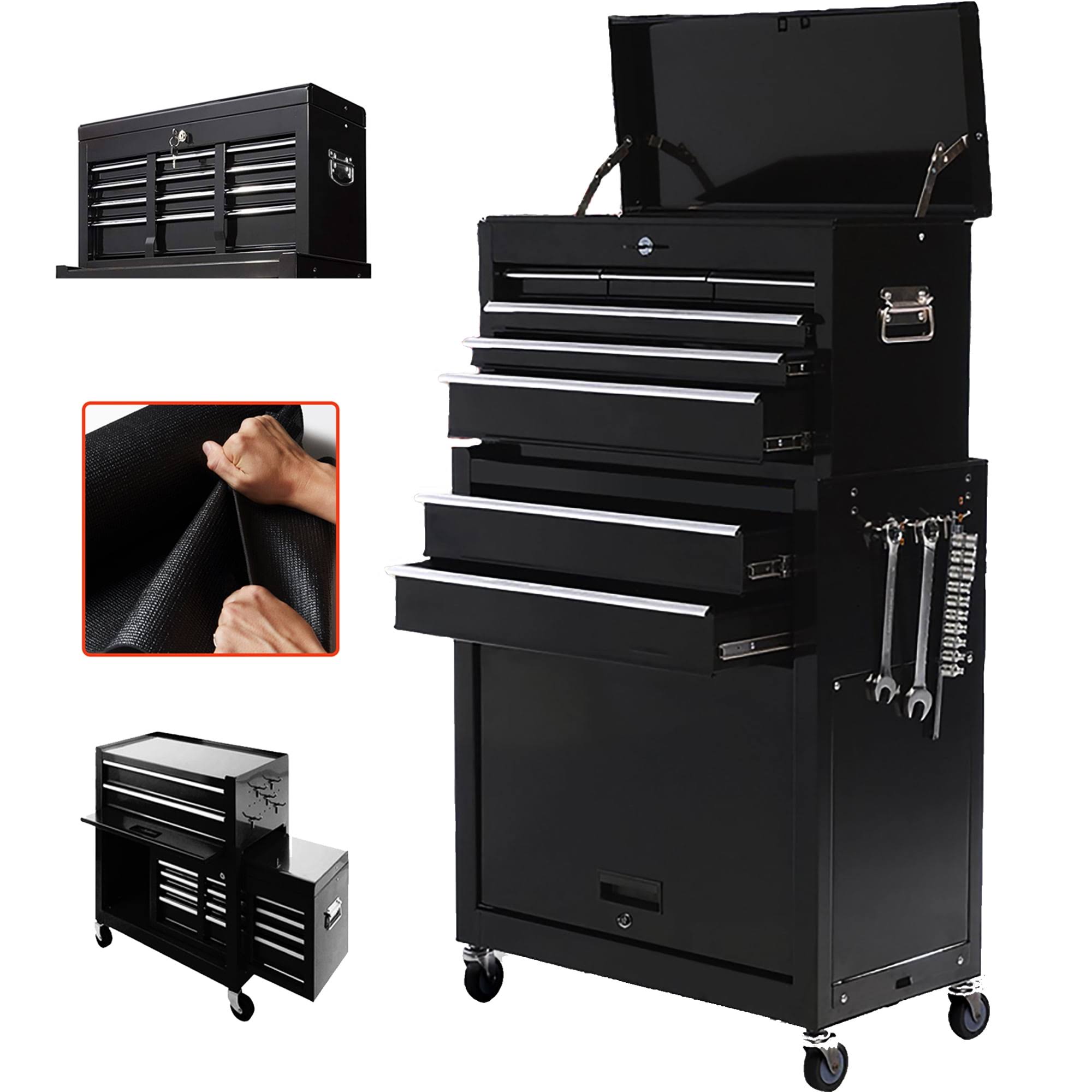SUNY Deals 2pcs Tool Storage Box Portable Top Chest Rolling Tool Box Organizer Sliding Drawers Cabinet Keyed Locking System Toolbox Black