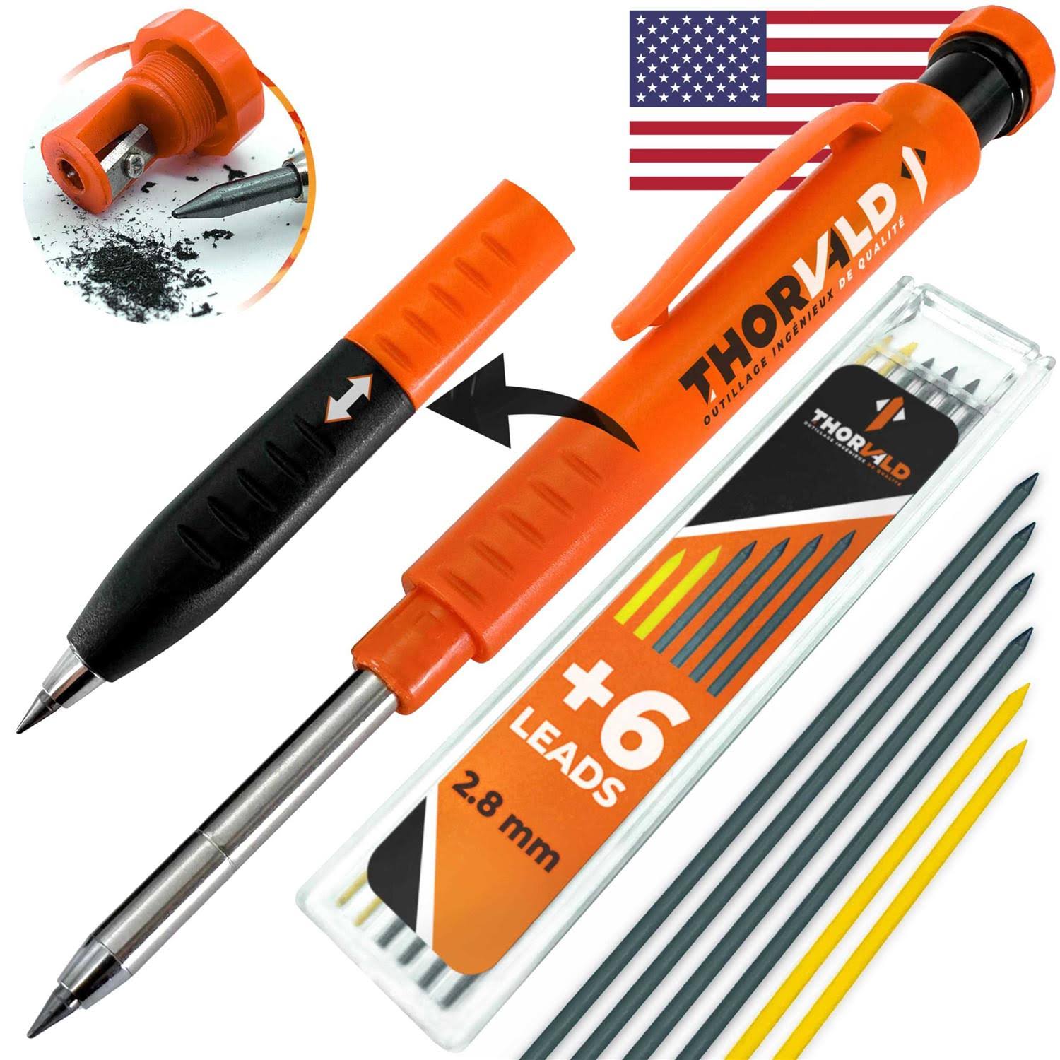 Thorvald Carpenter Pencils Set for Carpenter- Incl. 7 Leads + Sharpener + Finger Grip- Solid Mechanical Pencils with Fine Point/Best Marking Tools