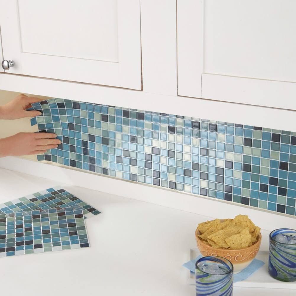 Collections ETC Mosaic Backsplash Tiles, Blue- 6 count