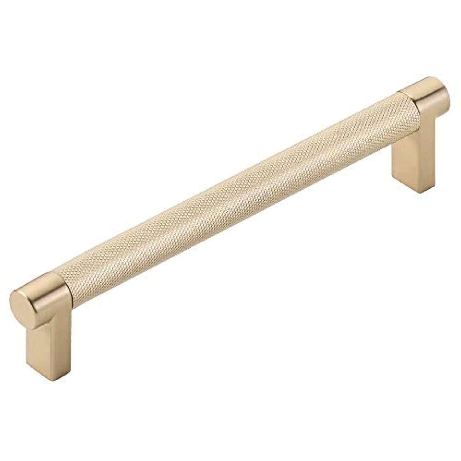 Emtek 84055.RECUS4.KNUS4 Rectangular Stem Knurled Cabinet Pull 6 inch Center-to-Center Satin Brass