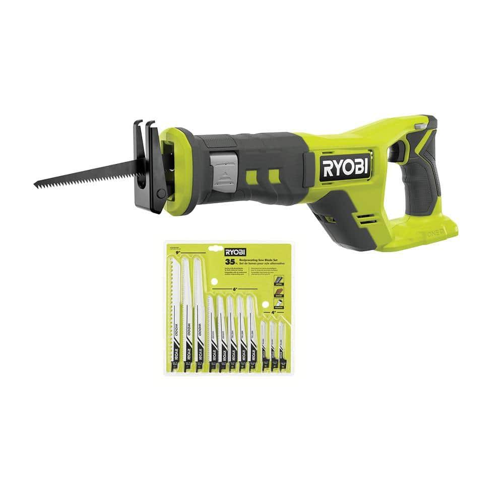 Ryobi One+ 18V Cordless Reciprocating Saw (Tool Only) with Multi-Purpose Reciprocating Saw Blade Set (35-Piece)