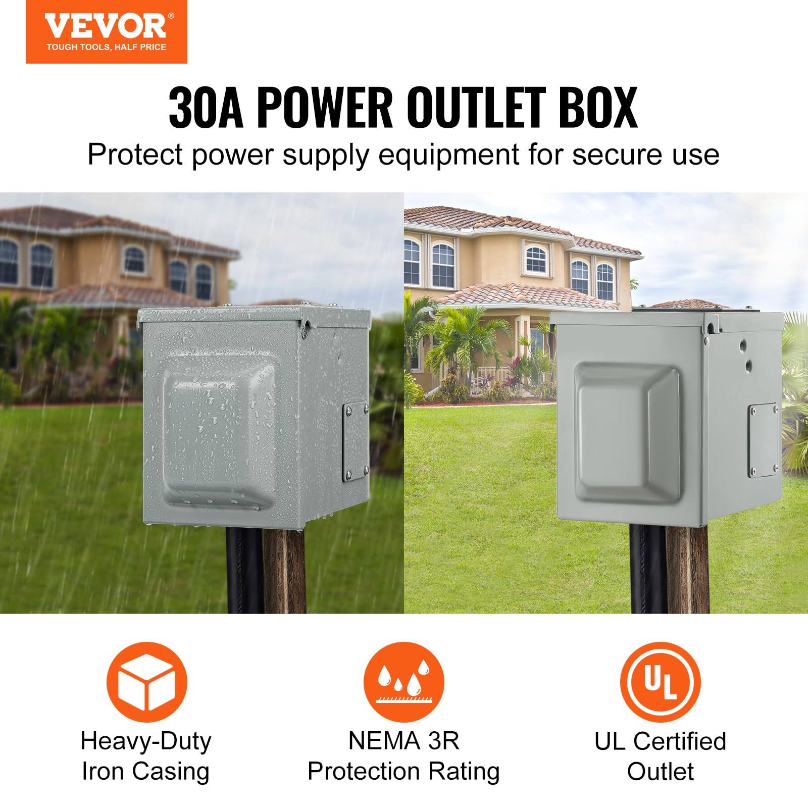VEVOR 30 Amp RV Power Outlet Box, 125/250 Volt, Enclosed Lockable Outdoor RV Receptacle Box, NEMA TT-30R Weatherproof Electrical Panel, for RV