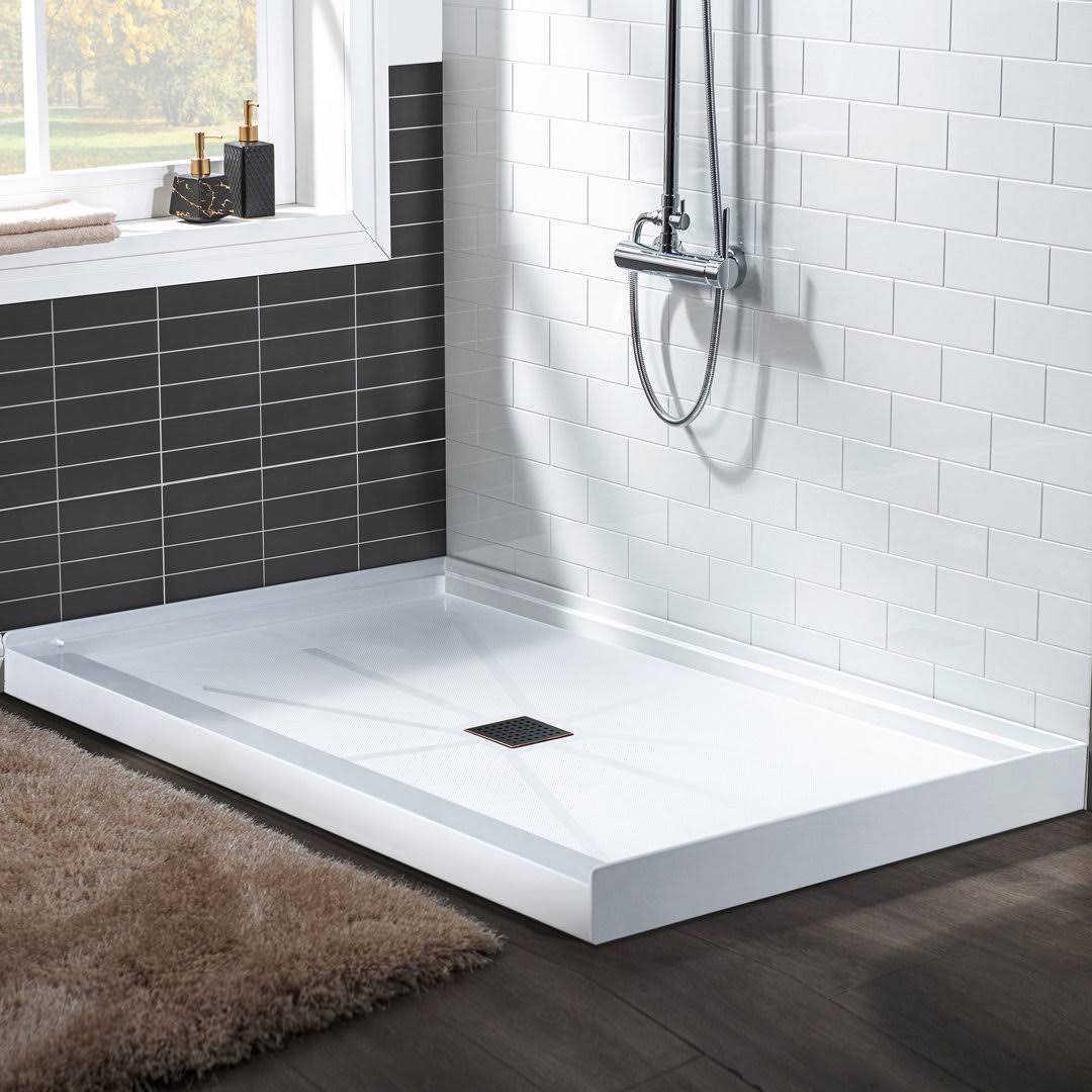 Woodbridge Krasik 48 in. L x 32 in. W Alcove Solid Surface Shower Pan Base with Center Drain in White with Oil Rubbed Bronze Cover, White with Oil