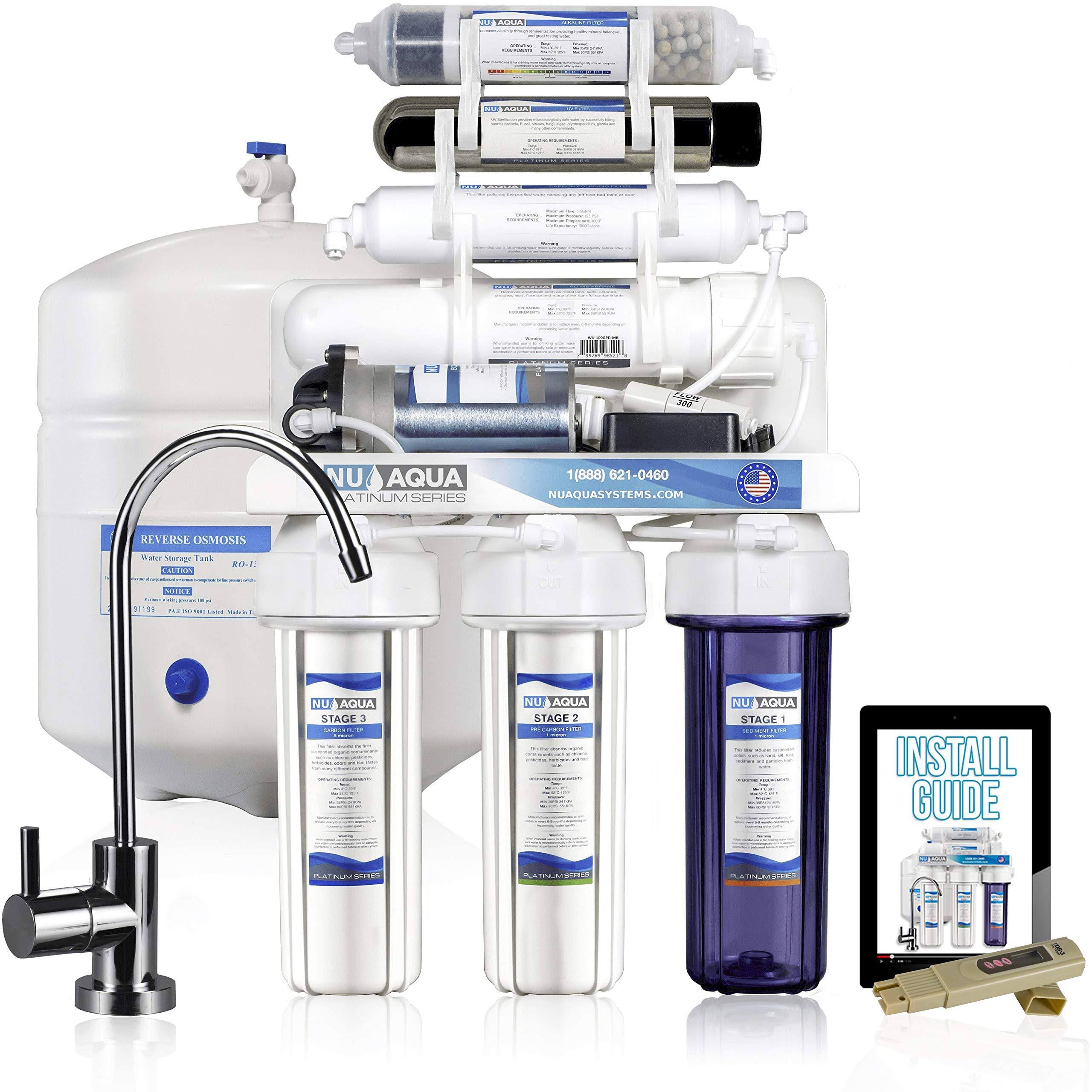 Nu Aqua Platinum Series 100gpd Under Sink Reverse Osmosis Drinking Water Filtration System- Premium Filter (7 Stage UV and Alkaline with Pump)