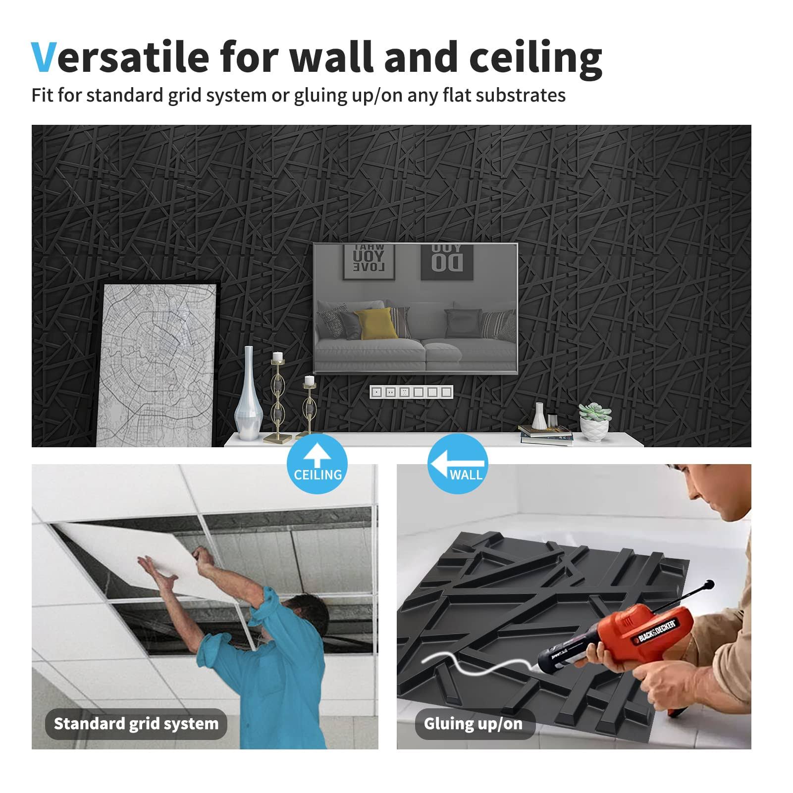 Art3d PVC Decorative Textures Black 3D Wall Panels for Interior Wall D��cor, Black Wall Decor,Pack of 12 Tiles 32 Sq ft A10045BK