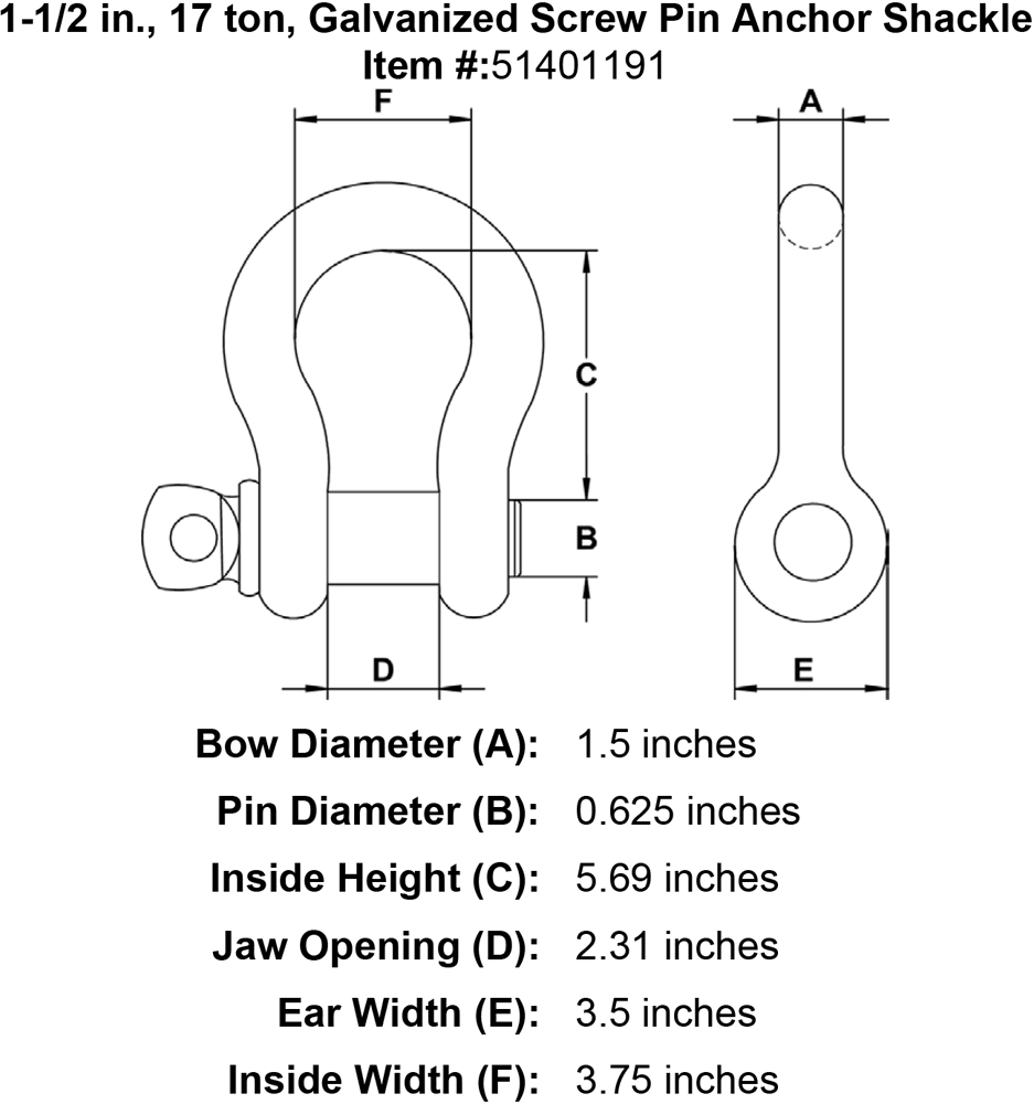 1-1/2 inch, 17 Ton, Galvanized Screw Pin Anchor Shackle, Silver 3706